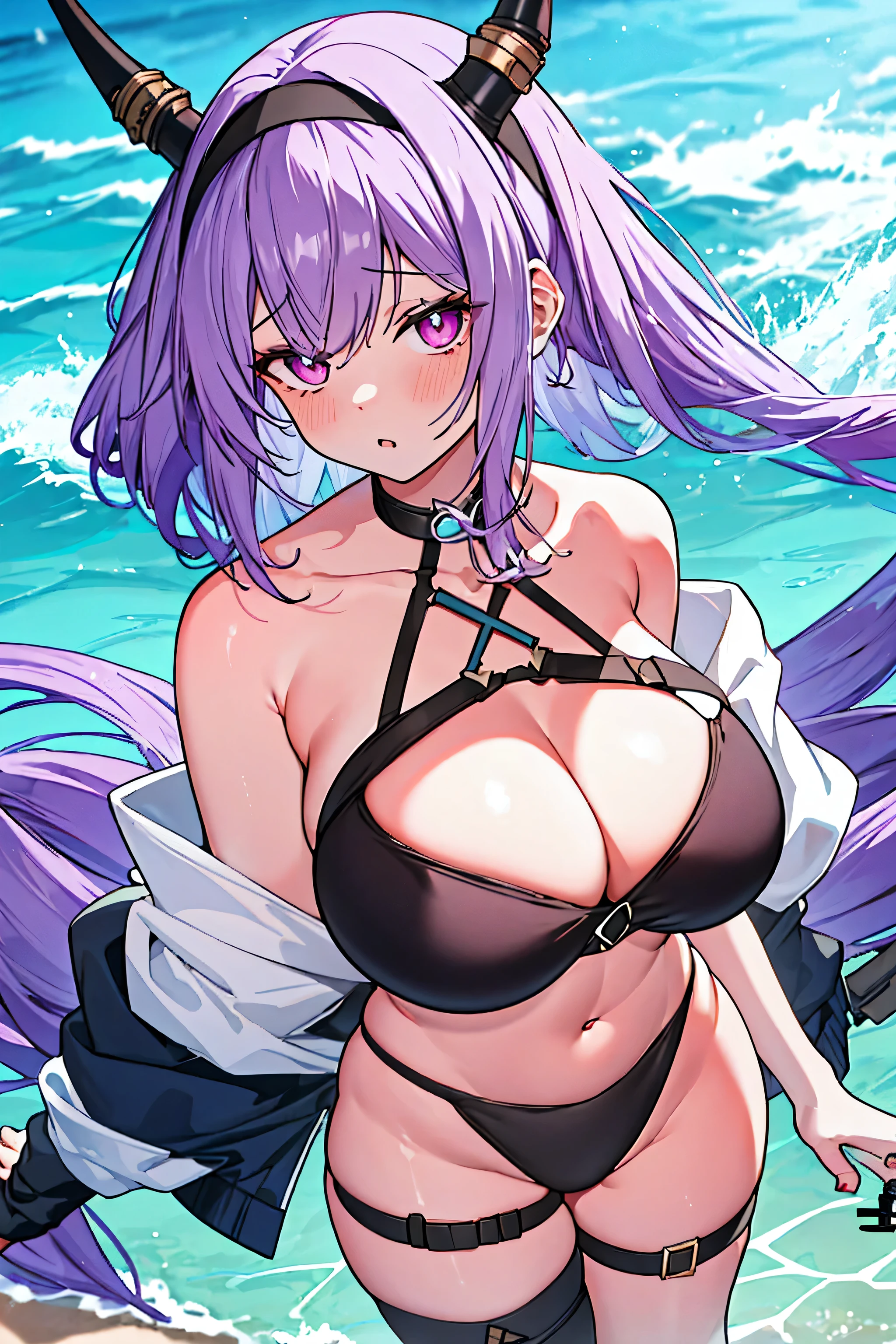 Typhon| Arc Knight, Masterpiece, best quality, 1 woman,25 years old ,micro mini bikini small, micro mini bikini covering only the nipples, gigantic breasts, Huge, enormous breasts, large breasts shrugged, My hair is very long., headband, purple hair, proportion body, proportion, show your , Water set, This micro bikini,micro mini bikini, Lying on the beach with exciting challenges, Not clear. ,only, beautiful sea, The sky is beautiful, Looking at the audience from the front, thigh strap, tilt your head, bored, 10, 10, high resolution, Show off serious design, expression of anger, Expressing dissatisfaction , Very angry. ,