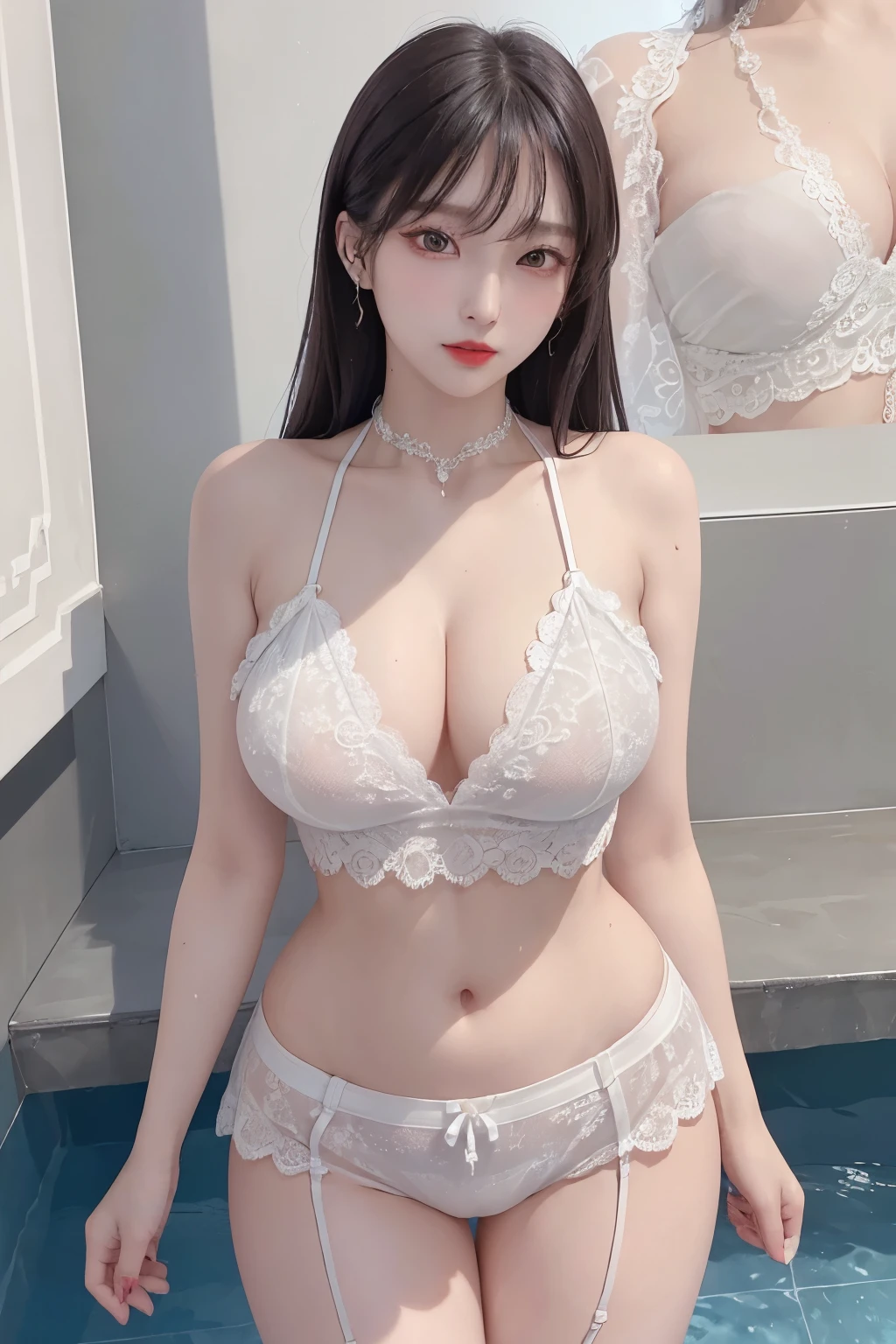 A sexy and charming korea woman, legs thrown back, elegant and intellectual, confident and generous, exquisite and beautiful face, exquisite collarbone, charming fragrant shoulders, navel, full body wet photo, body facing the front, beautiful and exquisite pretty face, peach Red lips, fragrant shoulders slightly exposed, super big breasts looming, focus on the face, seductive and delicate collarbone, ultra-high resolution, tender and smooth skin, very realistic details, bokeh, Bright Background, ultra-high-definition, outstanding details, 8K, blushing face, Attractive collarbone, sexy shoulders, one person, wet bob hair, ponytail long hair, smile with teeth, clothes((luxury lace crop top and lace boxers with deep cleavage, luxury necklace):1.2), high detail, shiny skin, (standing pose:1.5),