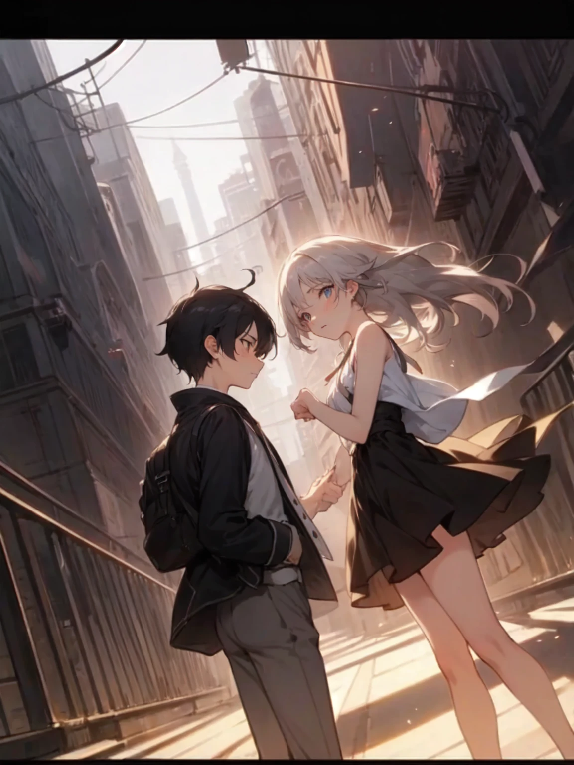 (absurdres), (perfect anatomy), (ingenious angle), (variations of poses),like a dream, beautiful composition, RAW photo, extremely delicate and beautiful, aesthetic,2 people, 2 shots, boy, looking away, , friends, active posing, city, warm atmosphere, 2 people, perfect composition, trending pixiv fanbox, clear eyes, anime hand drawn illustration,