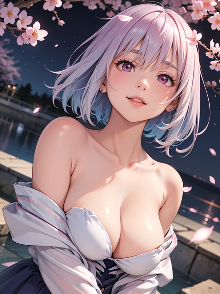 Face close-up、light blue Hair、short hair、girl1、smile、cherry blossoms、Light red eyes、Open your mouth、Pink Lips、Large Breasts、Cleavage、night、Starry Sky、Hide your arms behind your body、Glowing Hair、moonlight、(looking down:1.2)、inwardly curled hair