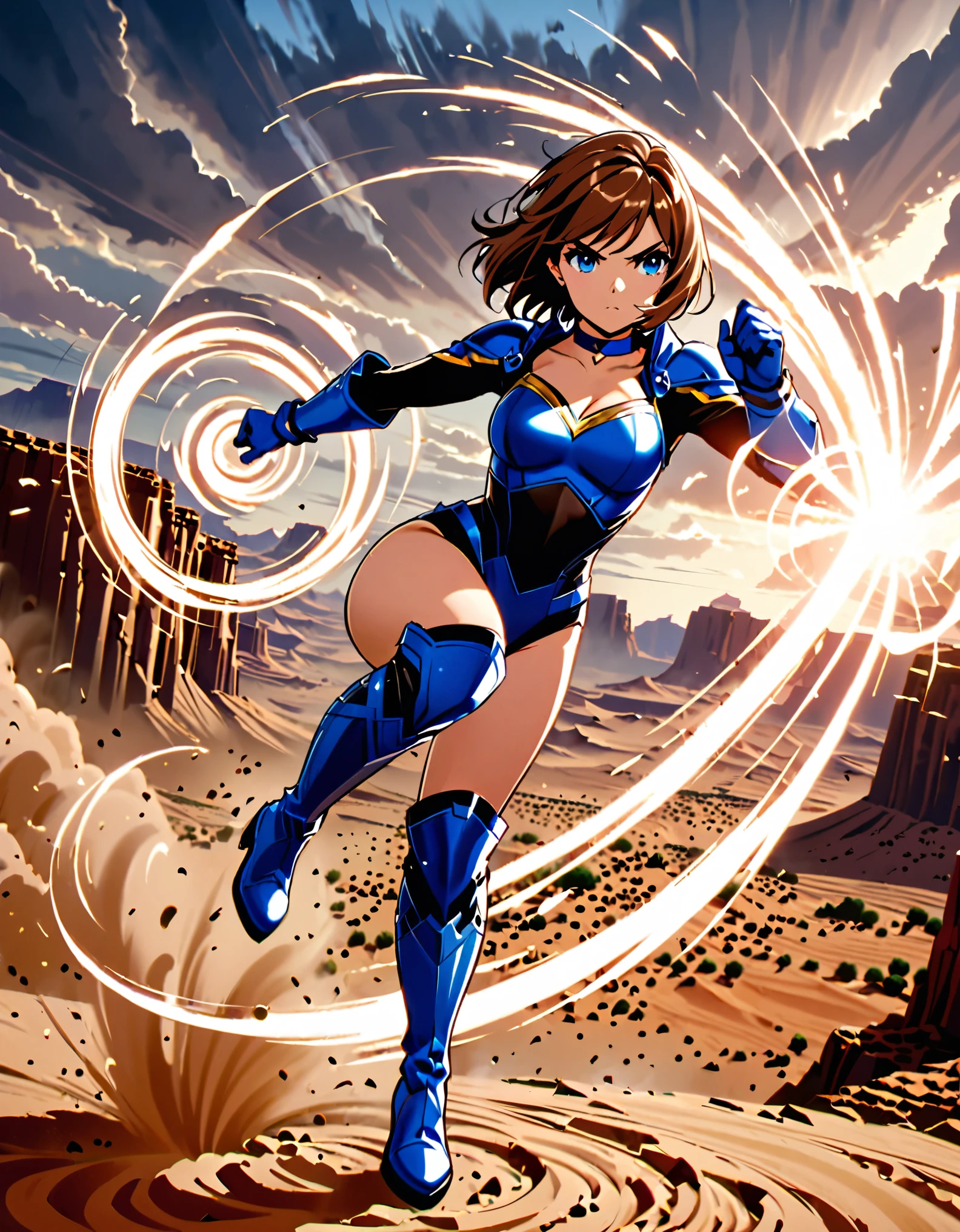 1girl, superhero, blue choker, blue eyes, blue footwear, blue gloves, boots, (leotard, midriff, long sleeves), medium breasts, brown hair, knee boots, short hair, bob hair, solo, determined, full body, college-age female. raised arms. desert backdrop, sandstorm. She spins at an incredible speed, creating a whirlwind of air around her. She rotates her body in place at super speed. She spins fast in place like a tornado. Cyclone spinning. Rapid gyration. Tornado winds around her. She super-spins. Spiral lines around her body. Curved sword slash.