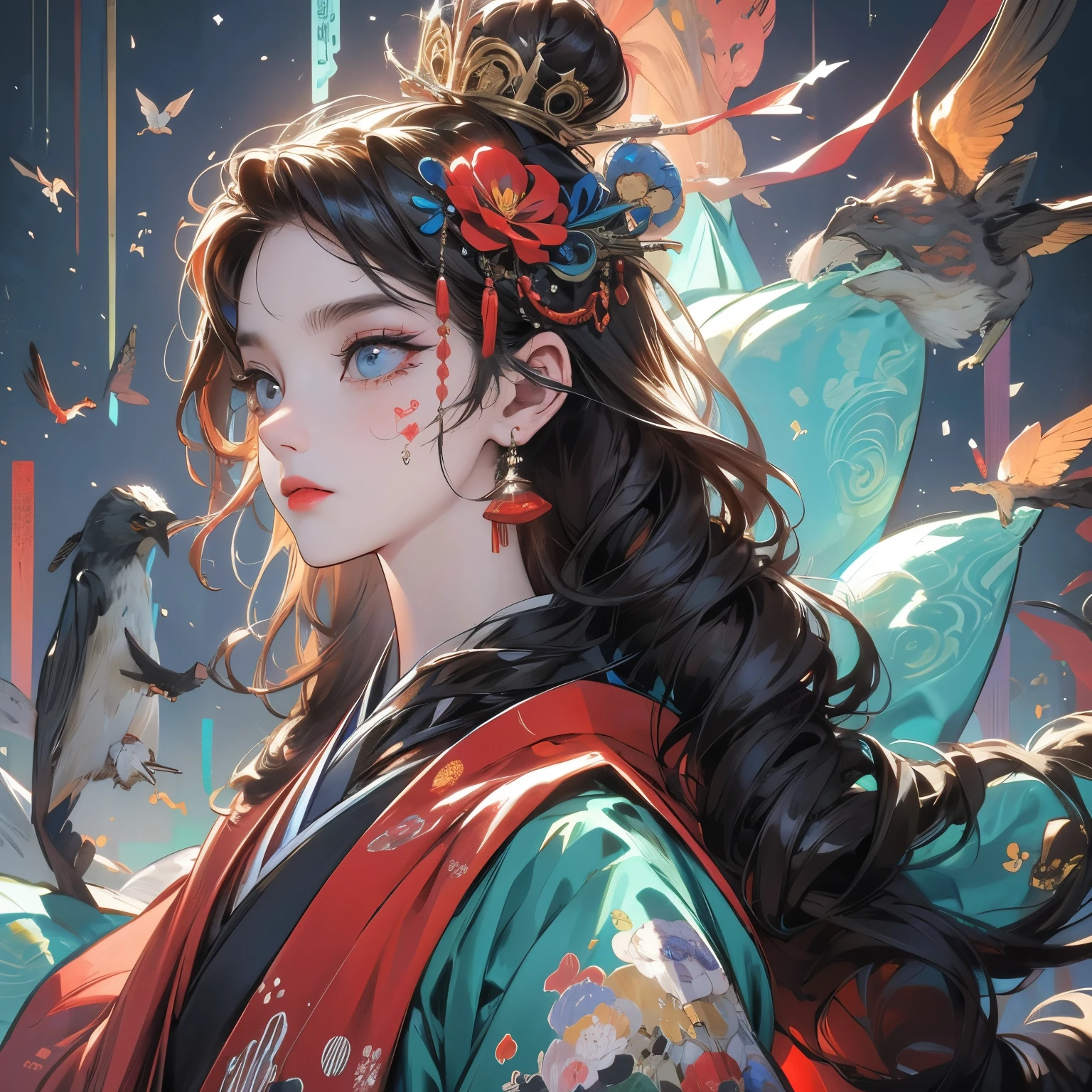 3D closeup of young handsome aristocrat - 1girl.profile portrait with crown，Ram skull。Beautiful and complex Japanese crow, Fox mask and breadcrumbs Japanese kimono， Bio-luminescence， Plasma， icey， Eau， ventania， organism， Wu Ya and WLOP and works by Bippel and Greg Rutkovsky, creature00d, (Amber theme:0.7), mtu, mathematician,