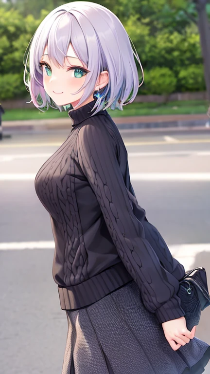 feminine smile , tite skirt ,Knitted sweater,in the park , walking slowly , On a date ,  various poses ,  various angles  , various top and bottom angles