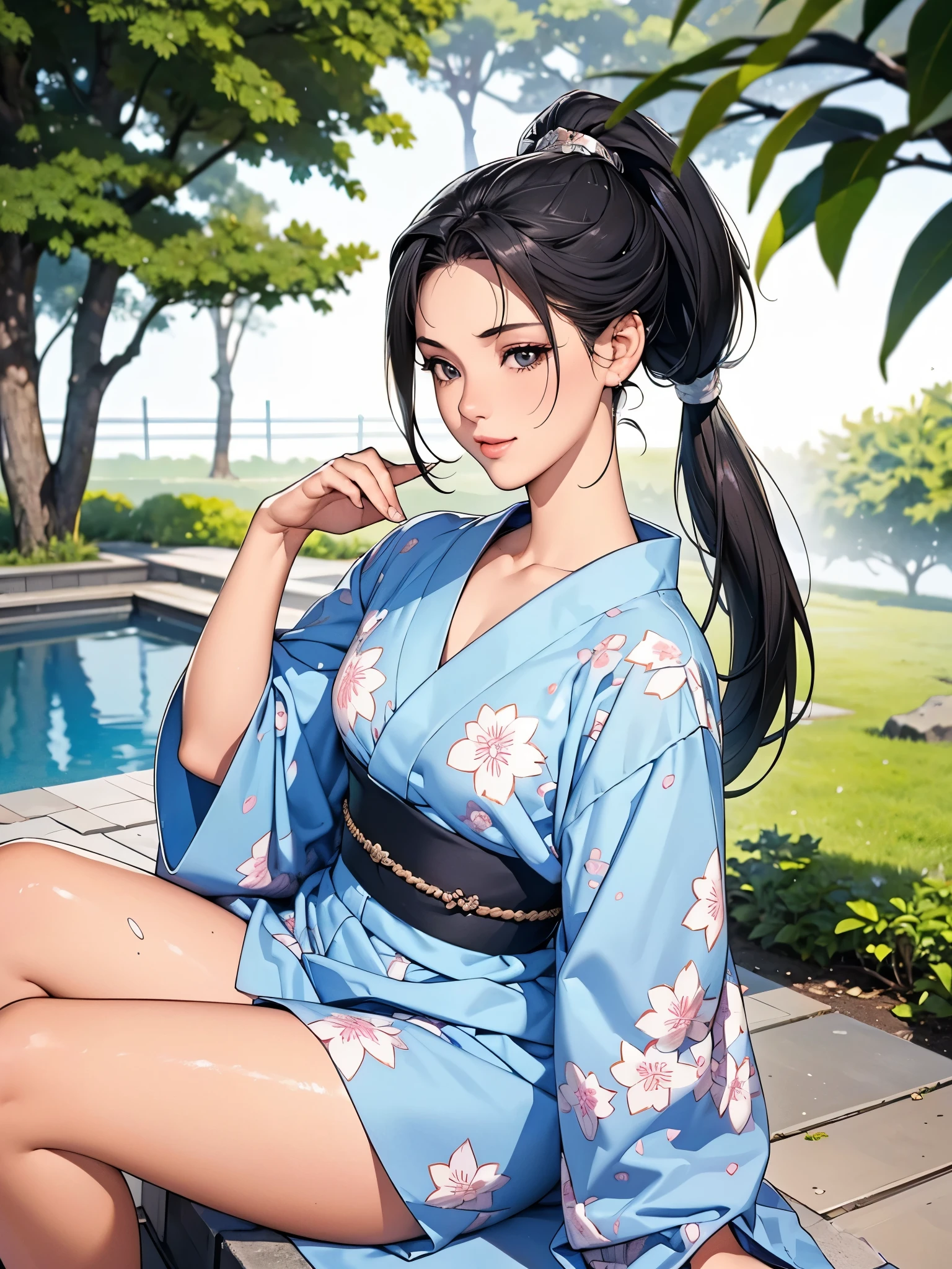 8k, highest quality, ultra high resolution, 1 female, 1980s pop culture anime style, 21 years old, (masterpiece, high resolution, detailed), Japanese, sweating, short cut, ponytail, big breasts (photorealistic) :1.4), (Famous Japanese actress:1.2), very beautiful, cute, professional photo, very delicate and beautiful, very detailed, very detailed beautiful girl, very detailed face, very detailed eyes, very detailed skin, very detailed fingers, very detailed nose, very detailed mouth, perfect anatomy, realistic body, fair skin, shiny skin, slender body, good figure, looking at viewer, smile, cute laugh Face (Black hair, (Ponytail, Beautiful girl, Perfect small face, D cup, Thin, Top quality, Ultra high resolution, Detailed background, Masterpiece, Anatomically correct, Detailed face, Beautiful face in every detail, Cute 20 Beautiful girl in her teens, black hair, highest quality, 4K quality, hot spring, sitting woman, woman in yukata, woman's ponytail, woman is 21 years old Steam, sweat,