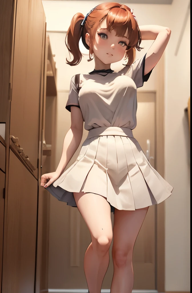 A Female robot is sleeping in the book, spread legs, nude, banzai pose. she wears no dress. She Brown short hair is tied with two big red clothespins, She lifts up the under hem of her white plain dress, leaning over, masterpiece, very short pigtails,brown hair, mature, android, blue eyes, full body figure, Height: 160cm, flushed cheeks, 2020s anime picture, A beautiful robot with short brown hair in two short pigtails held up by two very large huge red clothespins, Uplifting, No NSFW, whole body, barefoot, archaic smile, getting orgasm, 25 years old, sweat bucket. short sleeve shirt, pleated skirt, beautiful scenery, evening, skirt lift, no panties, genitals visible, full body shot, sexy face.