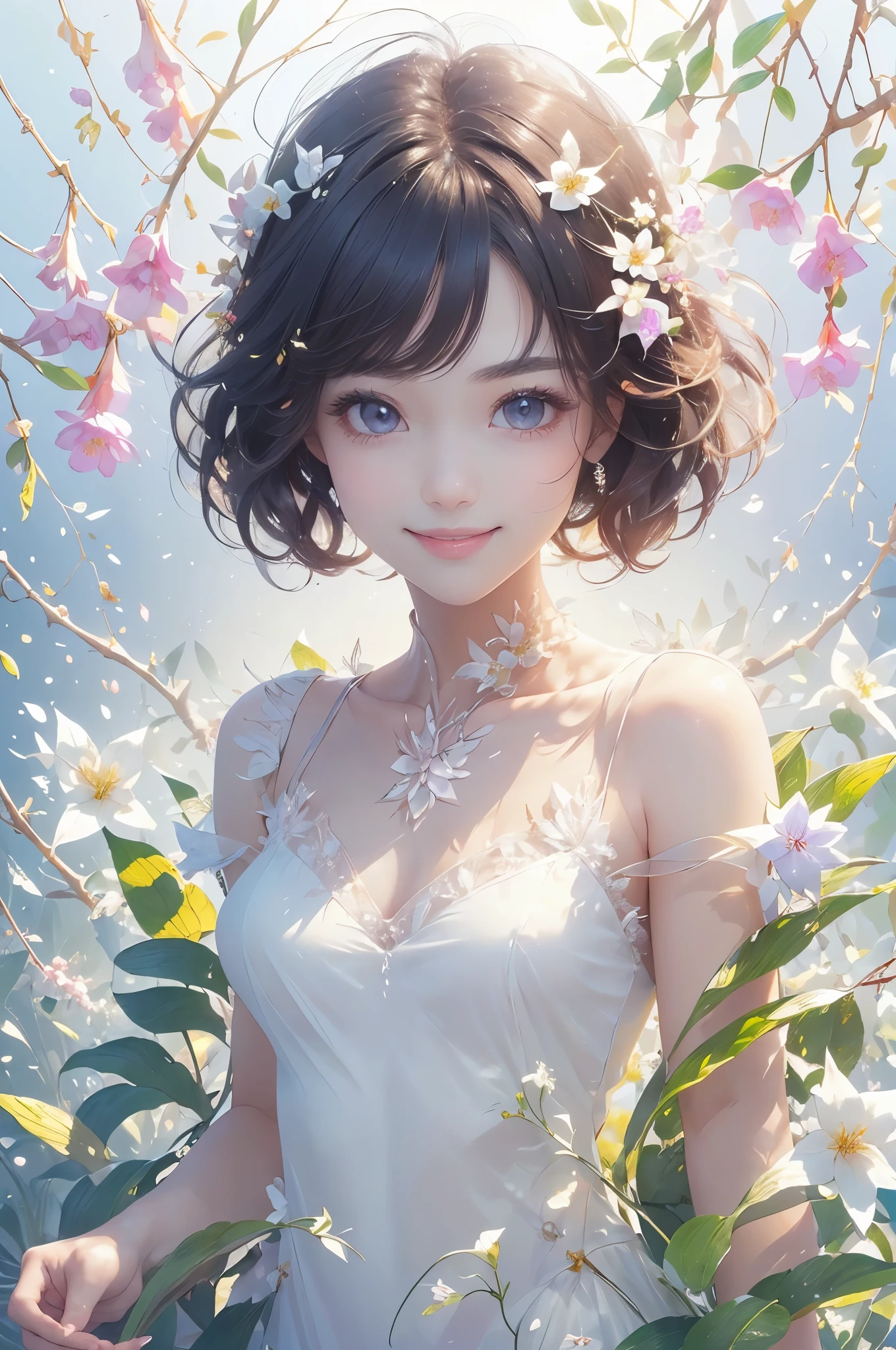 (masterpiece、highest quality、highest quality、Beautiful and beautiful:1.2)、(Good anatomy:1.5)、Painting of a girl with milky white hair、Transparent fairy costume、Adorable smile、looking at the camera、Flowers and leaves、digitalis