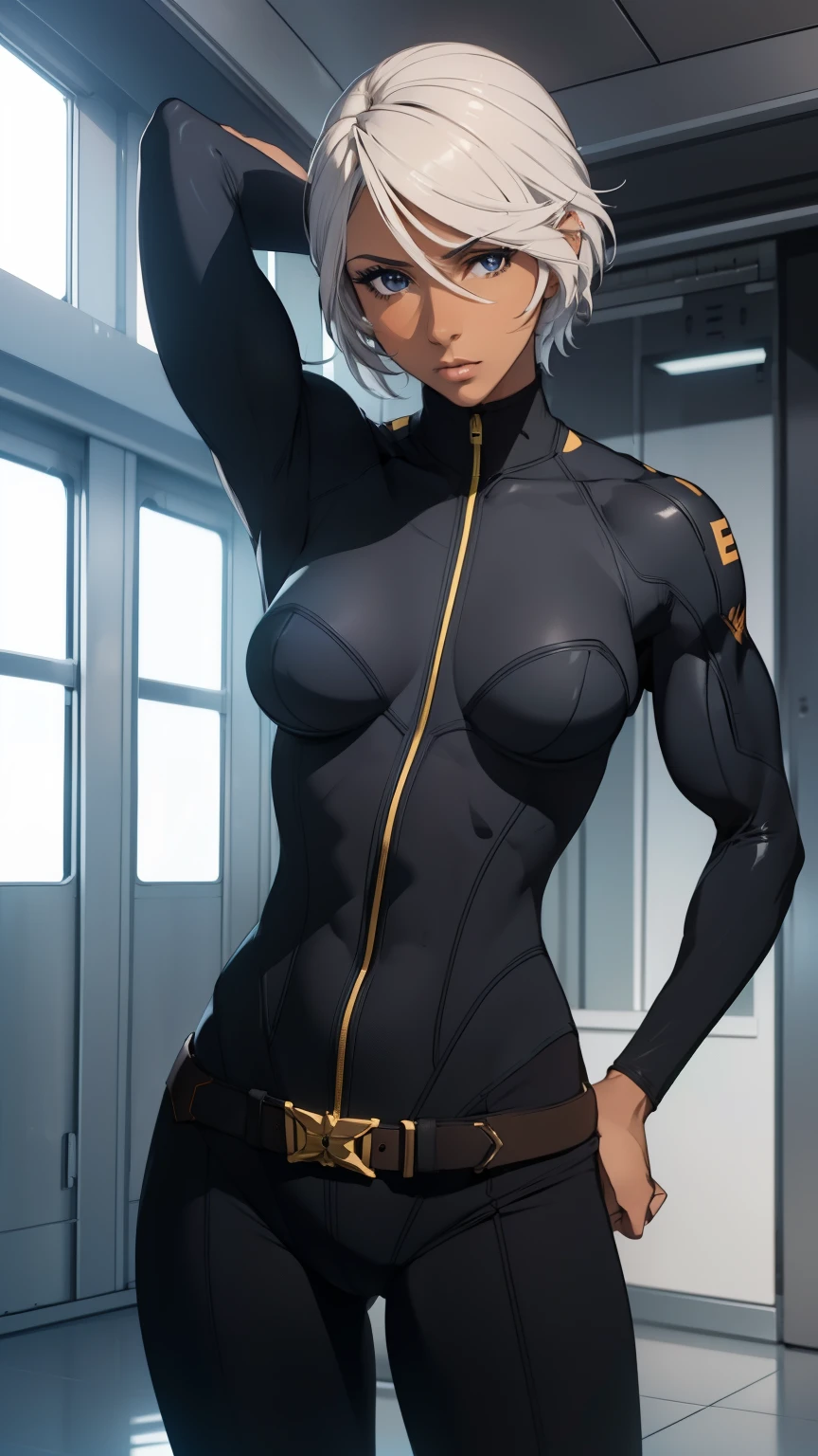(masterpiece, best quality:1.2),((photoreal)),perfect anatomy,solo, 1 middle age woman,((looking at viewer)),horizontal angle,((shoot from front)),((small breasts:1.4)),((saggy breasts:1.2)),((muscular:1.7)),((do not hide your crotch)),((do not show your skin:1.4)),(cod lips),holding head high,(standing),(hands on hip bone),(intimidating pose),silver hair,pixie cut,(dark skin),((full covered body suit)),(rubber body suit),ultra thin fabric jump suit,latex body suit,uniform,belt,high heel,sharp focus