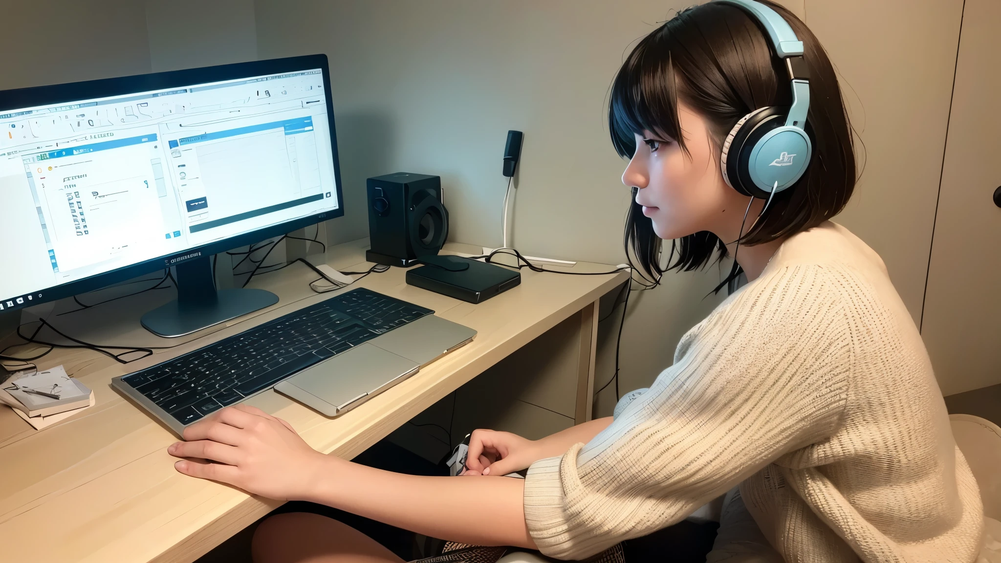 a woman sitting at a desk with a laptop and headphones on, lofi girl, lofi artstyle, lofi art, lofi, lofi feel, lofi hip hop, lofi girl aesthetic, lofi vibes, lofi colors, lofi portrait, chillhop, lo-fi art, lofi vibe, lofi aesthetic