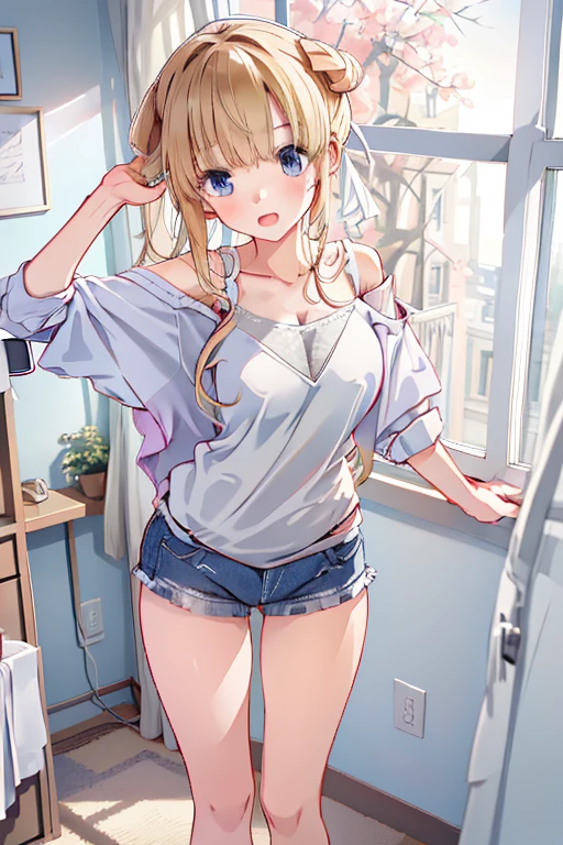 anxious look、masterpiece, best quality, ultra-high resolution, 8k, wallpaper, perfect anatomy, perfect body,hoodie, changing clothes, surprised expression、surprised fac, bedroom, morning, Very large breastessy hair, sleepy, blue sky through the window, girly room, , open clothes, girl, age, collarbone, standing, open eyes, holding clothes, girly panties,cotton panties, changing clothes、