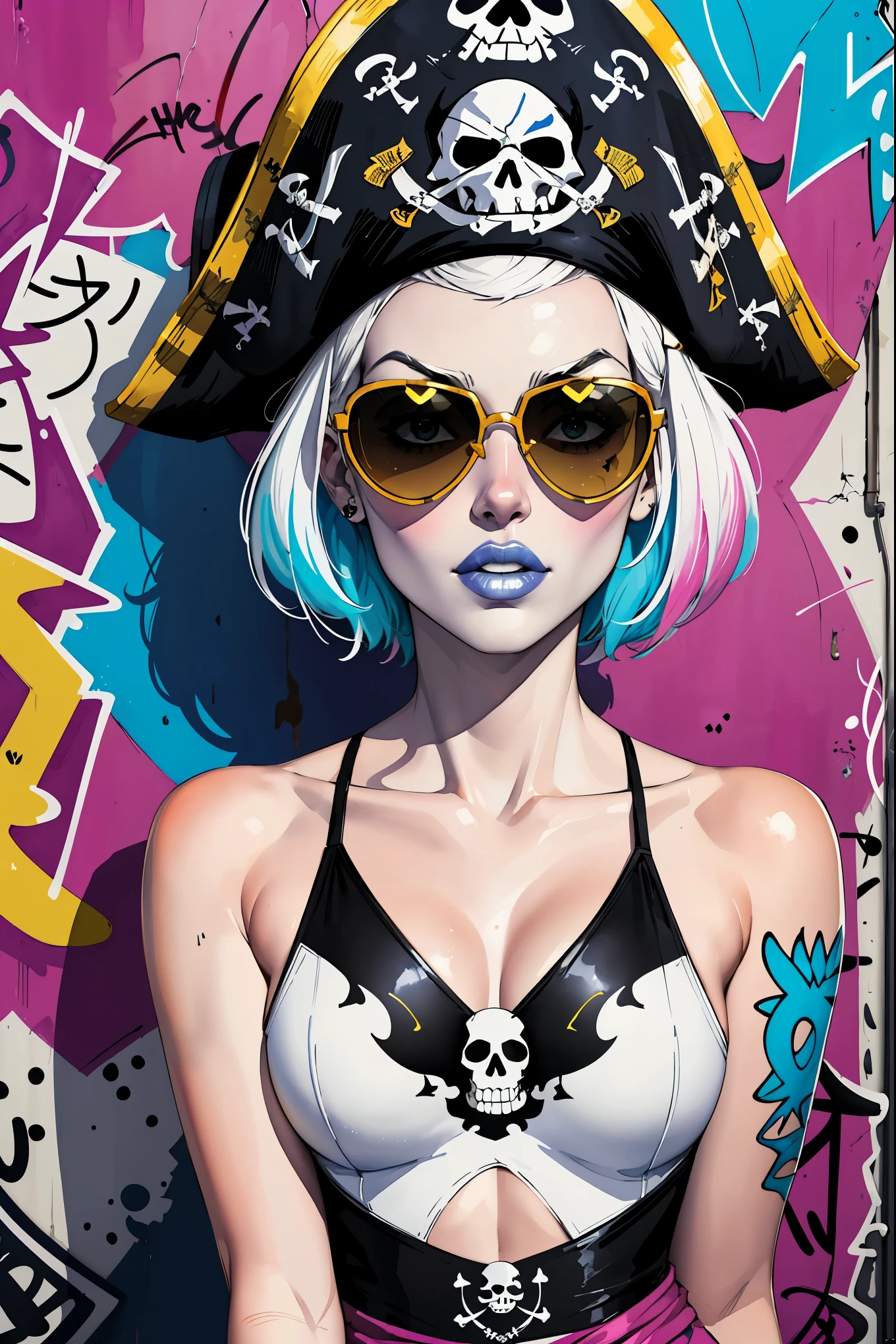 watercolor painting, 8K resolution、((highest quality))、((masterpiece))、((Super detailed))、1 female、alone、incredibly absurd、 (((The most beautiful pirate girl of all time))), (((Stylish sunglasses))), lips in love, white skin, pirate hat, skull fashion, neon、short cut hair、small breasts, (((graffiti art))), colorful hair, provocative
