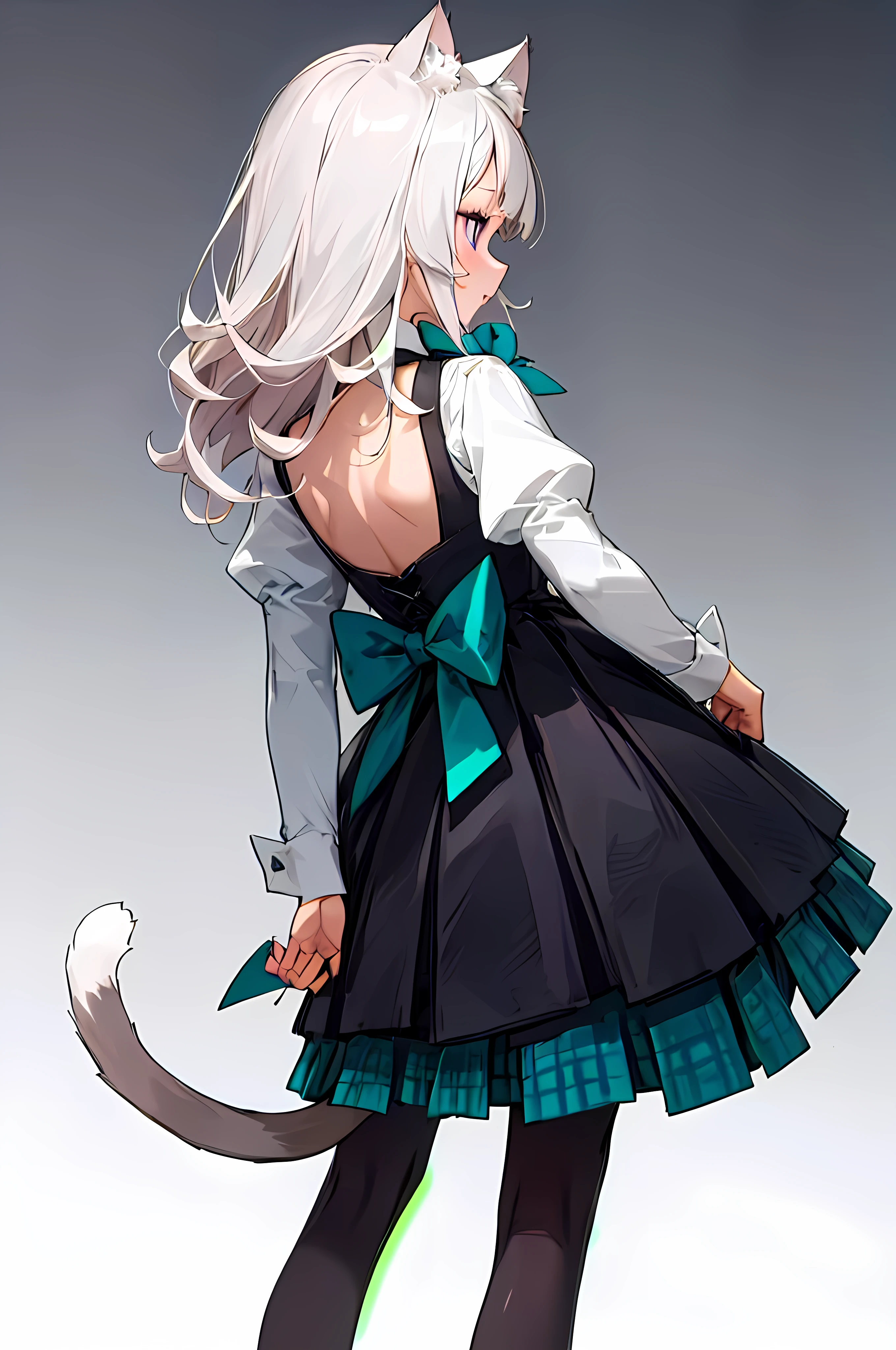 long hair, long sleeves, black dress, black vest, white collared shirt, teal bow, waist back bow, cat ears, cat tail, purple eyes, white hair, grey pantyhose, puffy sleeves, teal bowtie, plaid skirt, pleated skirt, black skirt, teal skirt, black loafers,