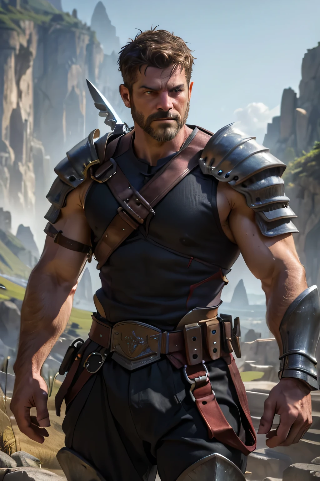 An award-winning original photo，A wild muscular man, (40 years old daddy:1.1), 1boy, Solo, (sleeveless fantasy style armor), (great sword on the shoulder), (black trouser), (big shoulders), musculature, stubbles, Short beard, Beautiful eyes:1.3, ), (Detailed face:1.3), grumpy face, Dynamic Angle, volumetric lighting, (Best quality, A high resolution, Photorealistic), Cinematic lighting, Masterpiece, RAW photo, Intricate details, hdr, depth of field, upper body shot, kingdom background, from above