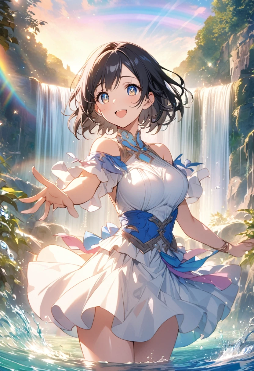 anime、beautiful girl、、Black Hair、A face that retains its youthfulness、short hair、Her hair is cut short, just short of her shoulders、Large Breasts、Bright eyes、Sparkling eyes、Upper Body、A cheerful smile、dancing、Clear water flows like a waterfall、sunrise、rainbow、Fantastic World