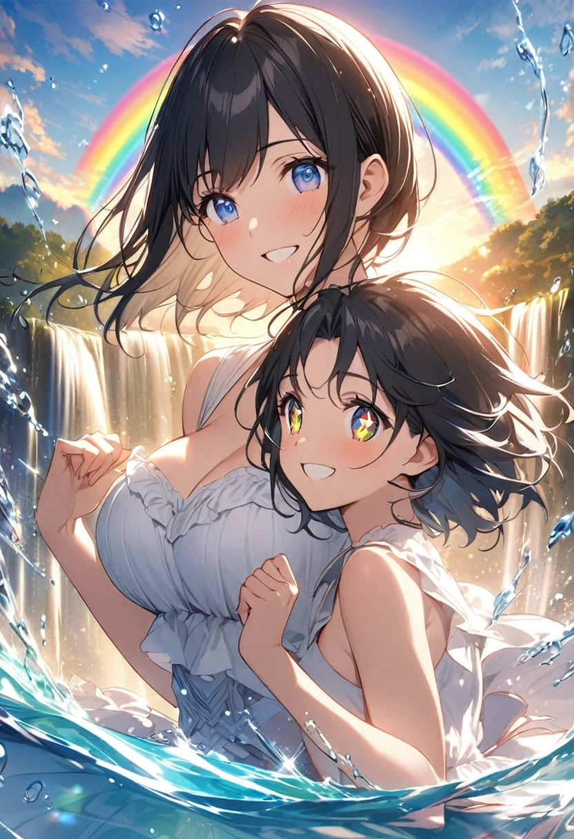 anime、beautiful girl、17 years old、Black Hair、A face that retains its youthfulness、short hair、Her hair is cut short, just short of her shoulders、Large Breasts、Bright eyes、Sparkling eyes、Upper Body、A cheerful smile、dancing、Clear water flows like a waterfall、sunrise、rainbow、Fantastic World