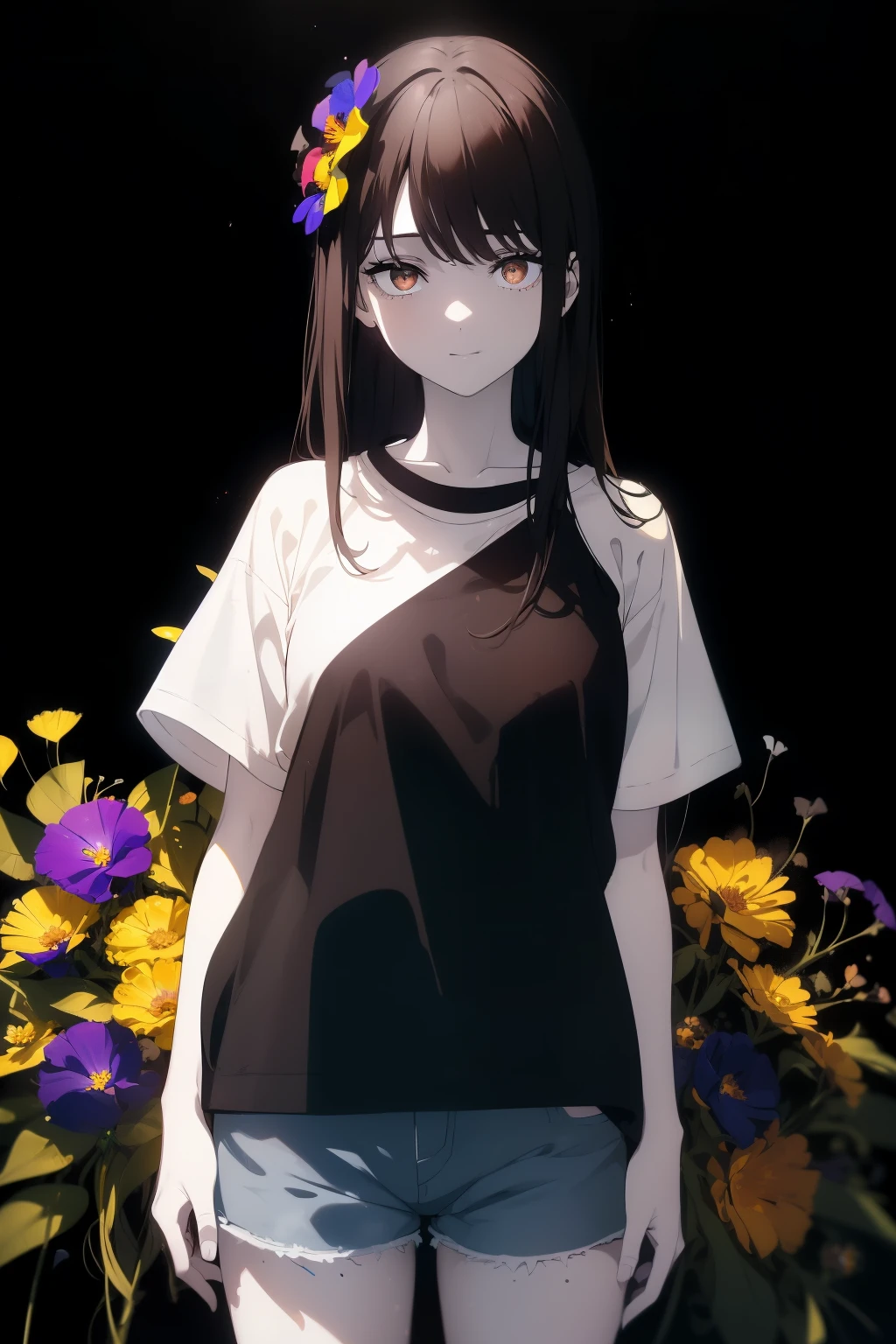 ((((Obra maestra, La mejor calidad, ultrahigh resolution)))), 1girl, standing, (baggy white t-shirt, loose fitting blue shorts), long back hair, long dark black hair, pale skin, ((shining brown eyes)), ((ultra detailed eyes:1, beautiful and detailed face, detailed eyes:0.5)), empty eyes, smile, (((black background, LSD flowers)))