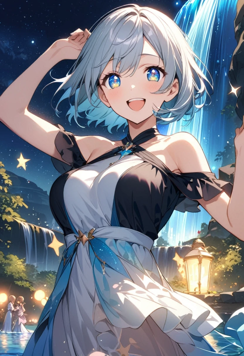 anime、beautiful girl、17 years old、short hair、Her hair is cut short, just short of her shoulders、Large Breasts、Bright eyes、Sparkling eyes、Upper Body、A cheerful smile、dancing、Clear water flows like a waterfall、Fantastic World、night、Starry Sky