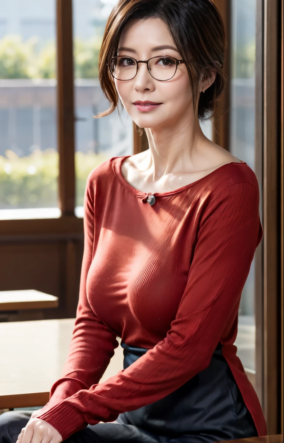 Professional, High level of detail, close up photo (attractive mature 55yo woman:1.3),long hair,(beautifull black long dress, elegant)1.455,ray tracing, natural lighting, (seductive:1.1), (blushing:1.1 ), (classy, elegant, dandy)1.2, (round big breasts)1.2 (pokies)1.3, (toned body, hourglass body shape) (wipe hips), (full body with visible face and eyes)1.5, glasses, earnings, library, necklace, night, sit down at book, crossed leg, pink lips