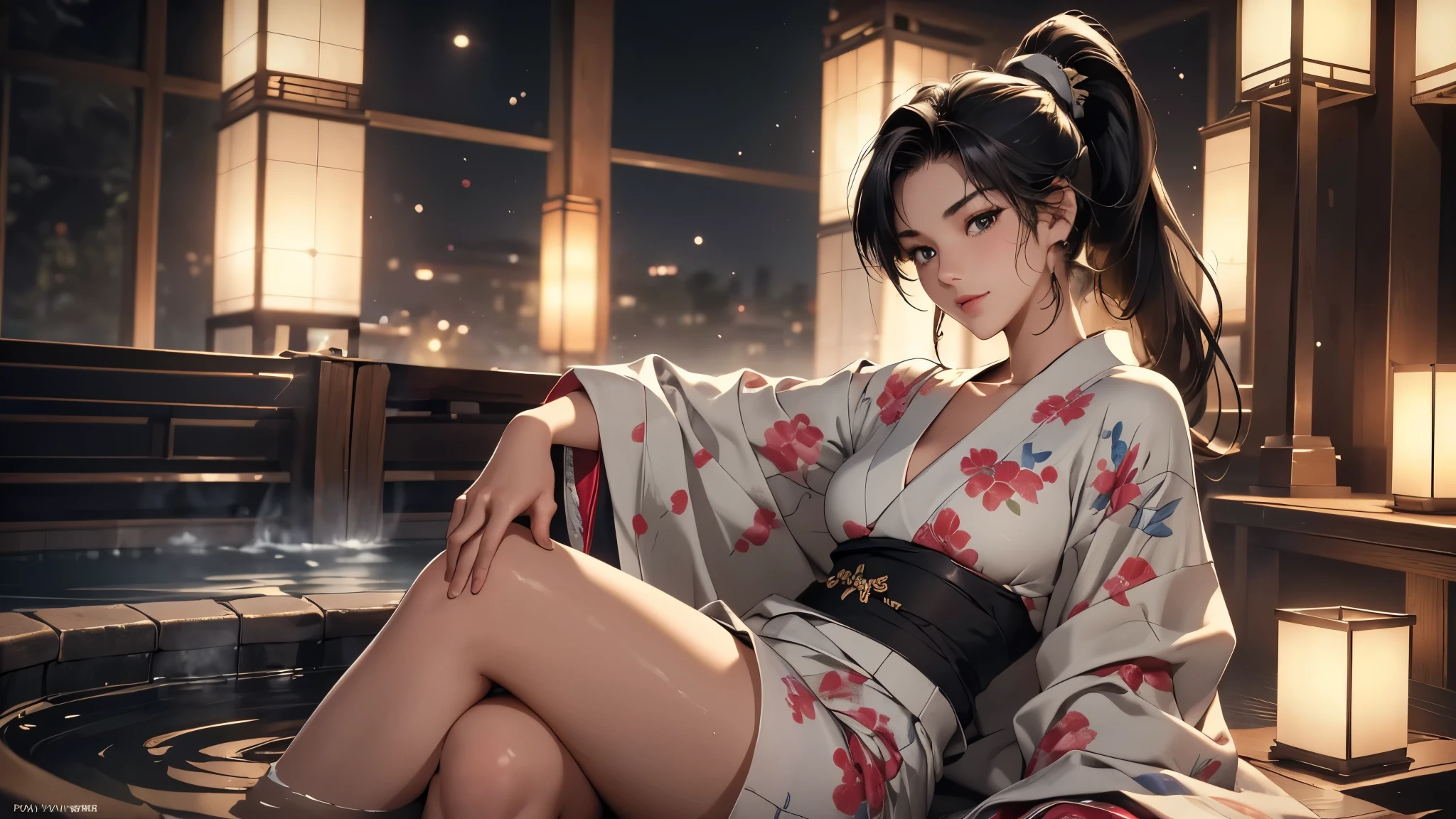 8k, highest quality, ultra high resolution, 1 female, 1980s pop culture anime style, 21 years old, (masterpiece, high resolution, detailed), Japanese, sweating, short cut, ponytail, big breasts (photorealistic) :1.4), (Famous Japanese actress:1.2), very beautiful, cute, professional photo, very delicate and beautiful, very detailed, very detailed beautiful girl, very detailed face, very detailed eyes, very detailed skin, very detailed fingers, very detailed nose, very detailed mouth, perfect anatomy, realistic body, fair skin, shiny skin, slender body, good figure, looking at viewer, smile, cute laugh Face (Black hair, (Ponytail, Beautiful girl, Perfect small face, D cup, Thin, Top quality, Ultra high resolution, Detailed background, Masterpiece, Anatomically correct, Detailed face, Beautiful face in every detail, Cute 20 Beautiful girl in her s, black hair, highest quality, 4K quality, hot spring, sitting woman, woman in yukata, woman's ponytail, woman is 21 years old Steam, sweat,