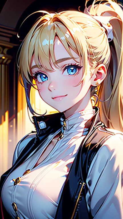 Best quality , masterpiece, Portrait、、Bright expression、ponytail、Young, shiny, white, glossy skin、Gloss Face、Shining Cheek Gloss、Small Face Beauty、The best beauty、The dazzling light of blonde hair、Bright blonde hair with dazzling highlights、Very beautiful shiny light blonde hair、super long silky straight hair、Her shiny, beautiful bangs are covering her eyes.、Sparkling, clear, attractive, bright, large, pale blue eyes、Very big eyes、eyeliner、very beautiful lovely cute 16 year old girl、young girl, Ample Bust, upper body , (smile:1.2) , ((((jacket , ponytail ))))