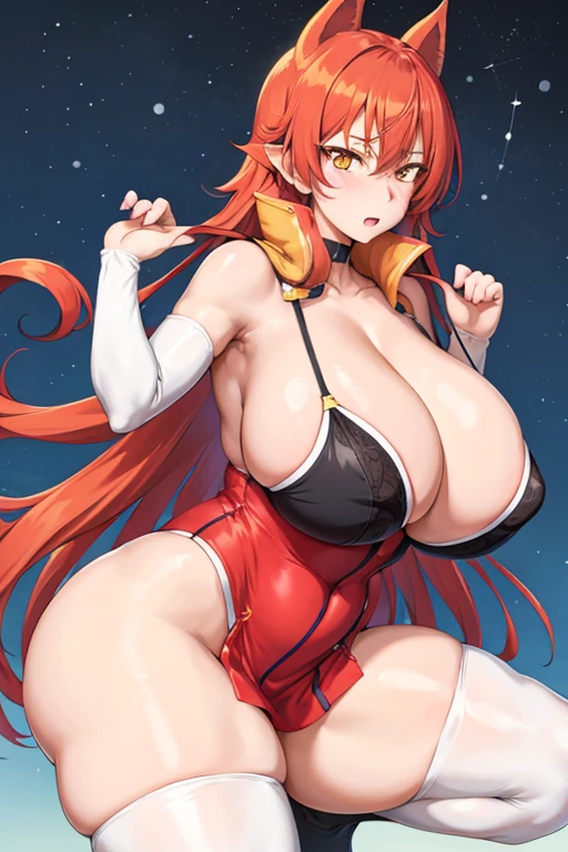 One girl,Huge Breasts, Have, White Background, Both sides up, bra,underwear,{{{Plump, thick thighs}}},{{{Knee-high socks}}},Sexy pose,Happy,Huge Ass,Yellow Eyes,Long Hair