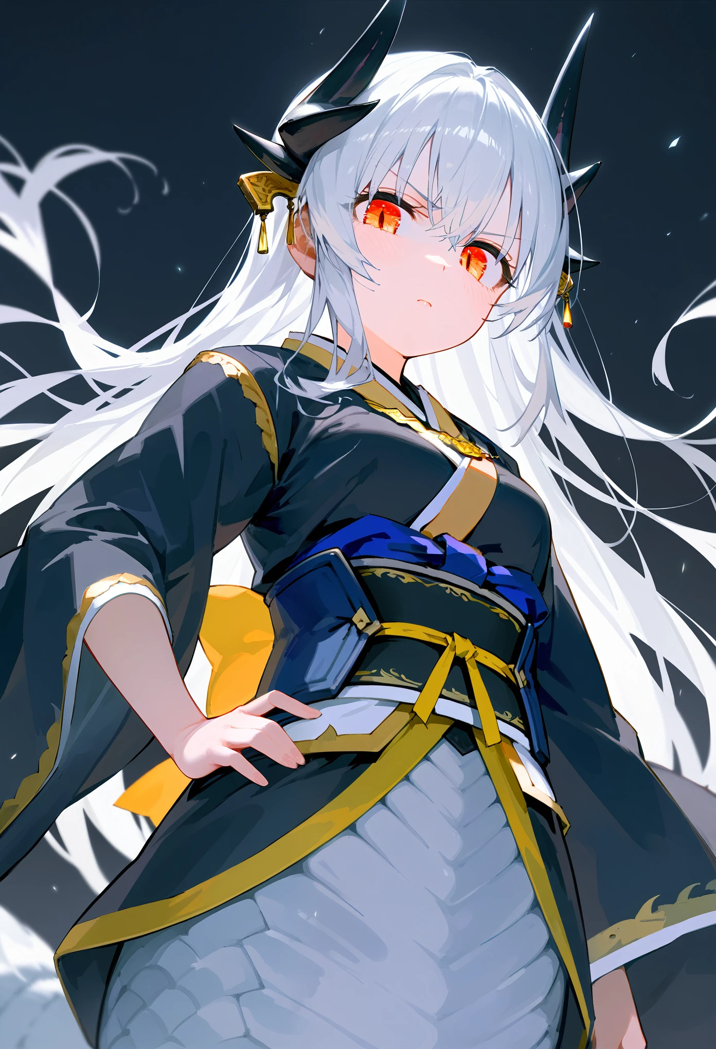 Upper body, zoom out, 1girl, woman, solo, Lamia, white scales, white hair, kiyober3st, black horns, black kimono, wide sleeves, sash, obi, hand on hip, looking at viewer, serious, menacing, from below close-up, black background, simple background, score_9, score_8_up, score_7_up, best quality