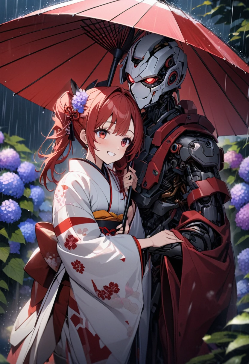 High quality, high definition, hig
h precision images,8k 2 girl、red hair,Twin tails,Red eyes.(robot style red and white barrette)、cyborg style gorgeous red and white Japanese kimono,Many hydrangeas in the background, Holding a cyborg-style Japanese umbrella 、wisteria flower decoration in hair,it's raining,Two people holding mutual umbrellas,smile