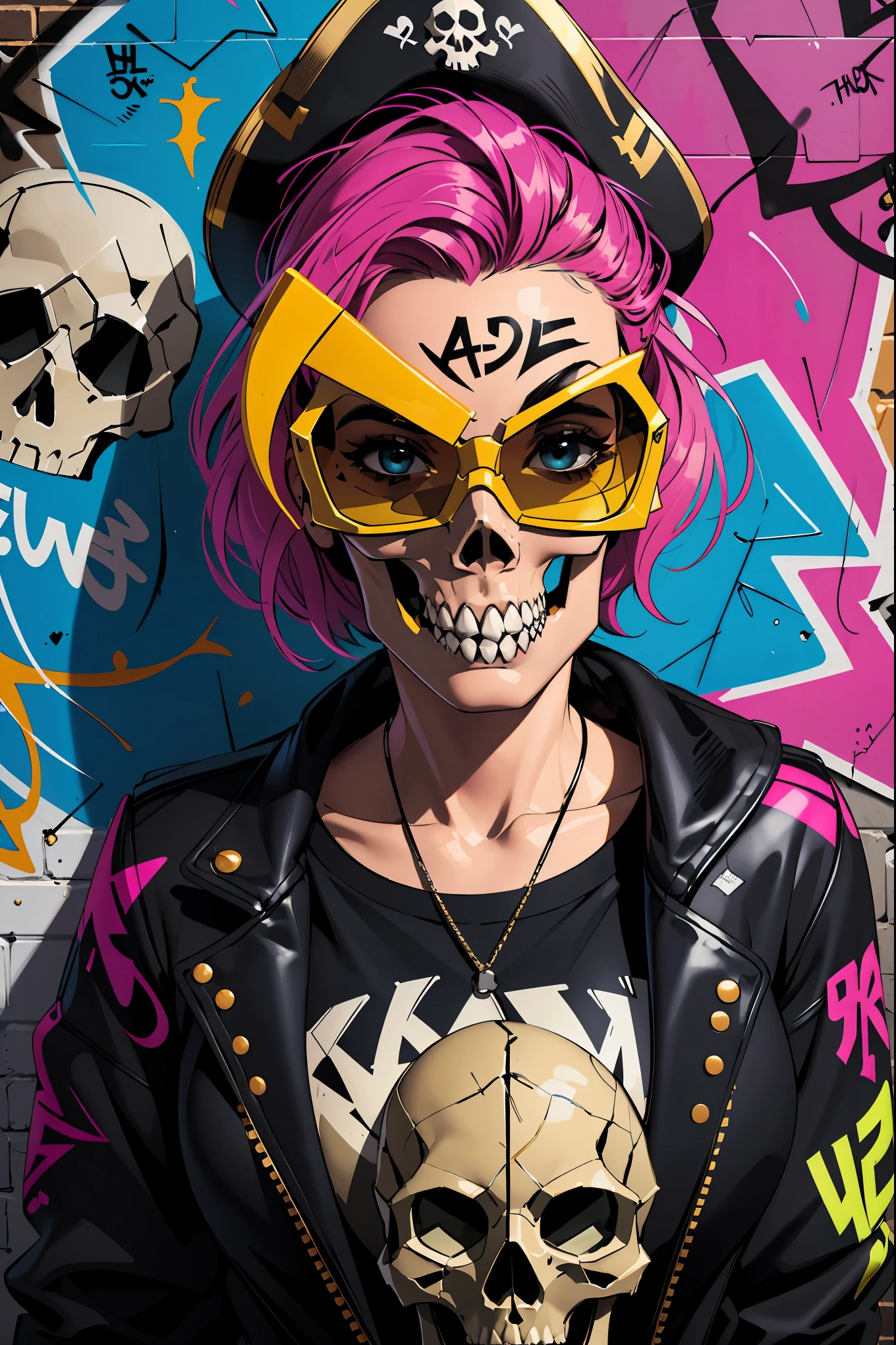 8K resolution、((highest quality))、((masterpiece))、((Super detailed))、1 female、alone、The strongest beautiful girl of all time、((incredibly absurd))、(((Stylish sunglasses))), pirate hat, lips in love、neon、short cut hair、 (((skull graffiti art))), colorful hair,