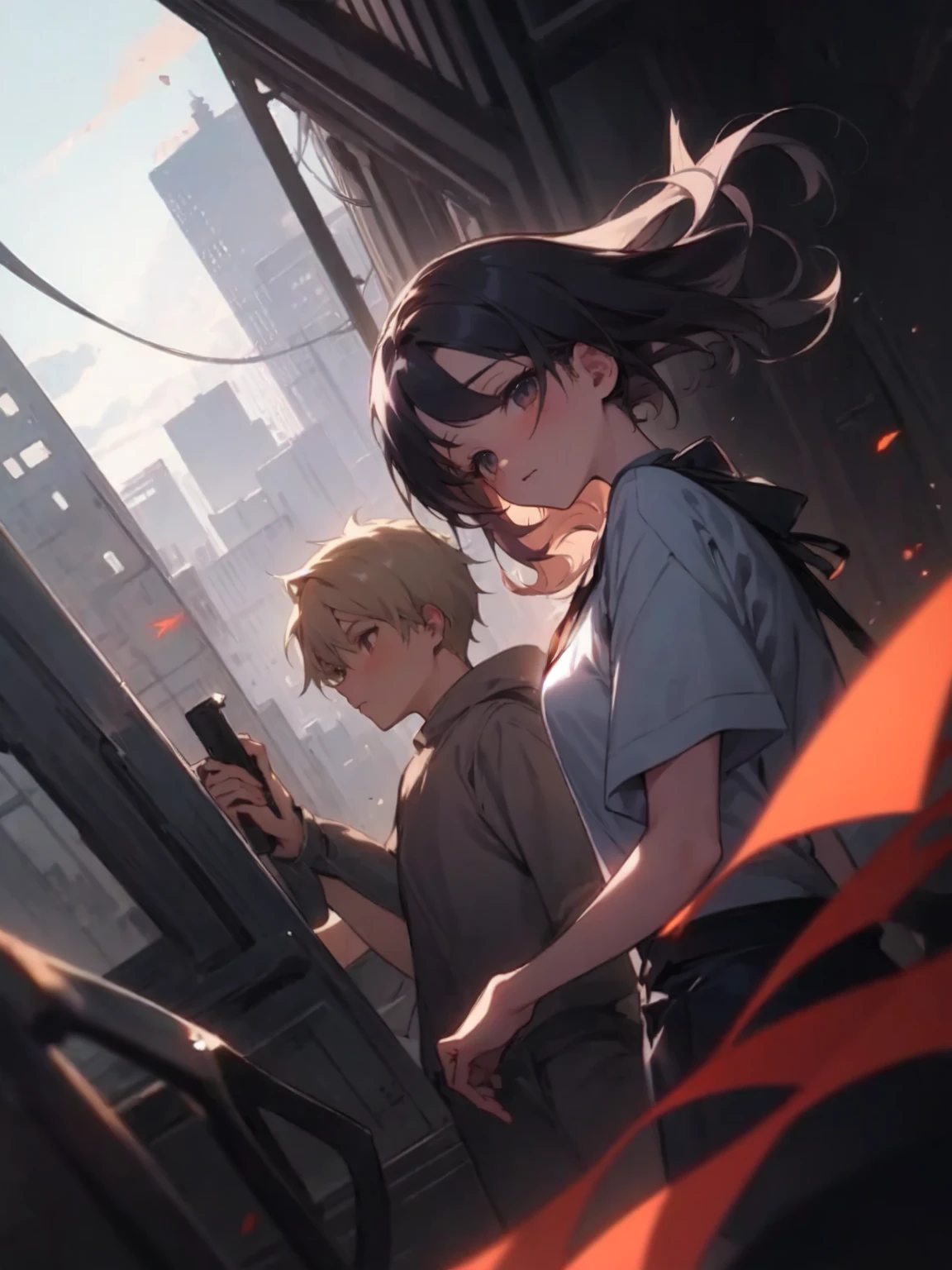 (absurdres), (perfect anatomy), (ingenious angle), (variations of poses),like a dream, beautiful composition, RAW photo, extremely delicate and beautiful, aesthetic,2 people, 2 shots, boy, looking away, 14 years old, friends, active posing, city, warm atmosphere, 2 people, perfect composition, trending pixiv fanbox, clear eyes, anime hand drawn illustration,