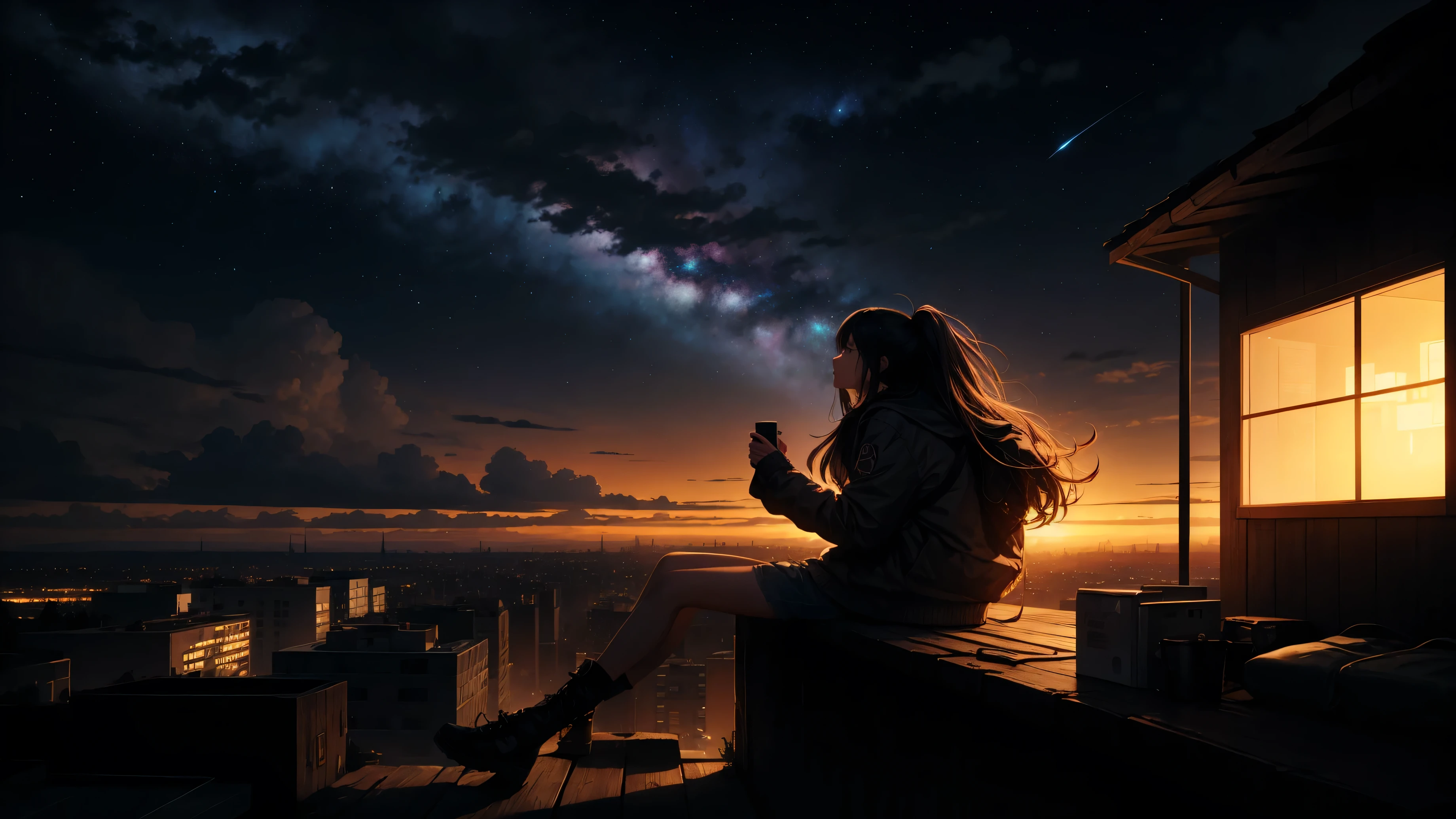 Octane, null, star (null), scenery, starry null, night, 1 girl, night null, alone, Outdoor, sign, building, cloud, Sitting, wood, Long Hair, city, silhouette, cityscape 