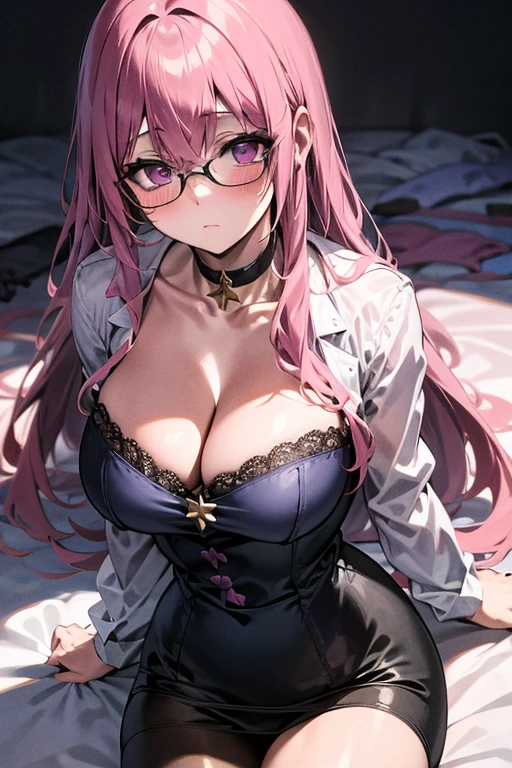 A pink haired woman with violet eyes and an hourglass figure in glasses and lacy lingerie is posing on her haunches on a bed