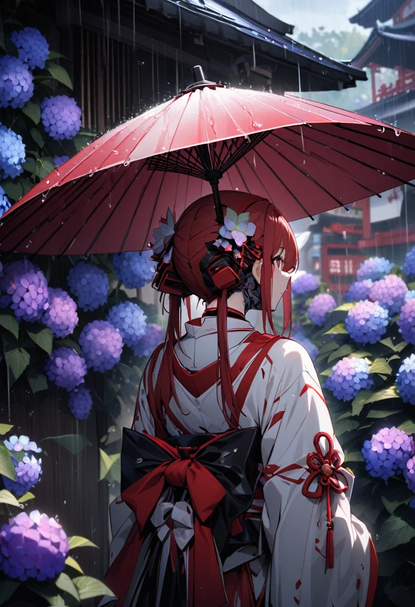 High quality, high definition, hig
h precision images,8k 1 girl、red hair,Twin tails,Red eyes.(robot style red and white barrette)、cyborg style gorgeous red and white Japanese kimono,Many hydrangeas in the background, Holding a cyborg-style Japanese umbrella 、wisteria flower decoration in hair,it's raining,back view,look up at the sky