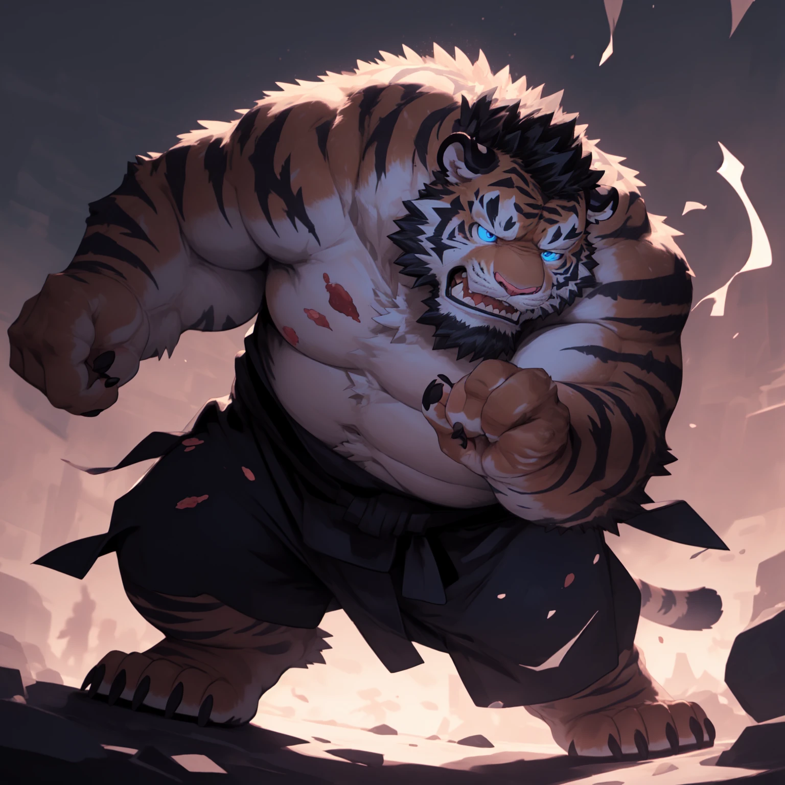 New Jersey 5 Furry,Tiger,Chubby,Fat,Thick arms,Rugged muscles,Topless,Plush fur,Chubby脸,Black eyebrows,Sky blue eyes,Beard,masterpiece,best quality,Extremely detailed face, Dynamic Angle, (dynamic fight pose), Japanese sword, (Samurai sword), covered in wounds,Bloodstain,Motion trajectory, dream, , Popular on artstation, Solitary, (Black Kimono),anger,barbarous,Grit your teeth, Correct anatomy, The right hand,,HD, dim ,dark,dark shadows, light against dark,Movie, Dramatic lighting,Wide dynamic range,