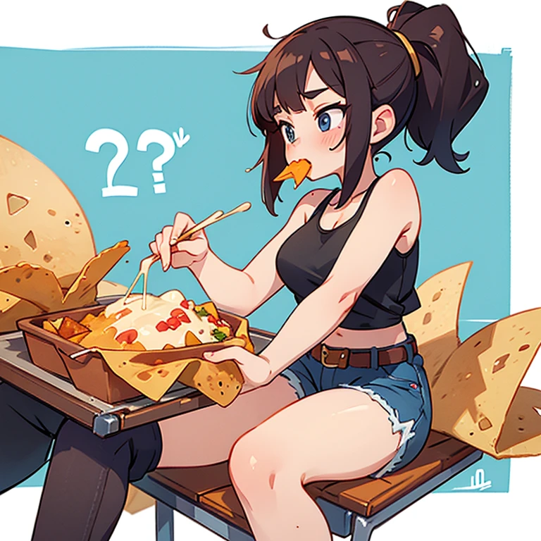 A woman in a tank top and full zip shorts eating nachos at a taco stand　Jeans have belts　　Big butt　Detail the buttocks　Detailing the groin area　