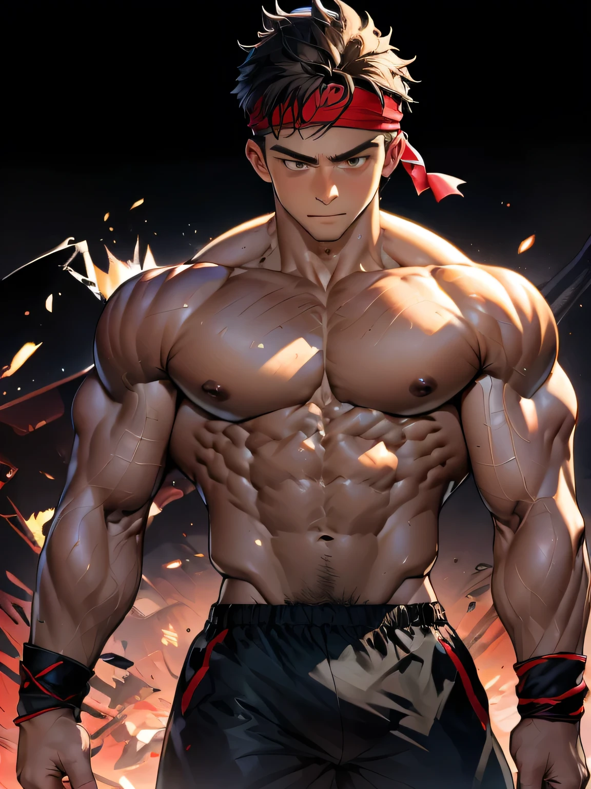 (Masterpiece, Best quality 19 year old boy, black background, bust shot, shoot from front, looking away), solo, Young, boy, muscler, Shirtless, topless, (Dark Short straight hair, under cut, brown eyes), (torn clothes, red headband, ((black wristband))), Vivid colors, (hot Abs:1.2, abs!, big abs, big breast:1.2, chest!, muscler upper arms), (topless male), muscler!, muscler, muscler body, (aura power:1.5), detailed face, detailed muscle, (((A magical mystical aura, rippling muscles, fighting pose)))
