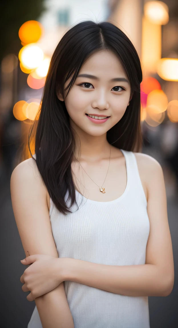 highest quality, 8K, 15 year old student, Ten generations, RAW photo, Completely naked、absurd, award winning portrait, smile, smile, alone, night, neon, idol face, Biolace, gardenia, delicate girl, Upper body, Digital single-lens reflex camera, looking at the viewer, Frank, Sophisticated, zora々right, thin arms, professional lighting, film grain, chromatic aberration, (Eye and face details:1.0), (Bokeh:1.1)
