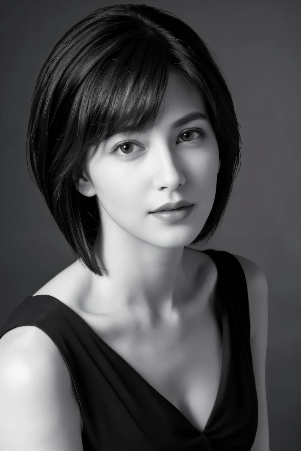 highest quality, Realistic, Very detailed, High resolution, 8k wallpaper, RAW Photos, Professional photography, Photorealistic, (((Black and white photography))), 1 girl, (look forward to), Upper Body, short hair, Straight Hair, Shapely small breasts, Perfect Face, (((Only lips red))), ((Looking at the camera)), (((From above)))