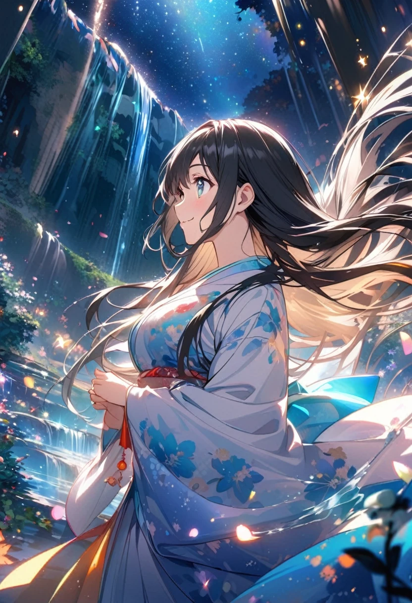 anime、Vibrant colors、beautiful girl、17 years old、Black Hair、Long Hair、Large Breasts、Bright eyes、Sparkling eyes、A cheerful smile、Gazing into the distance、profile、dancing、Clear water flows like a waterfall、Fantastic World、night、Starry Sky、kimono