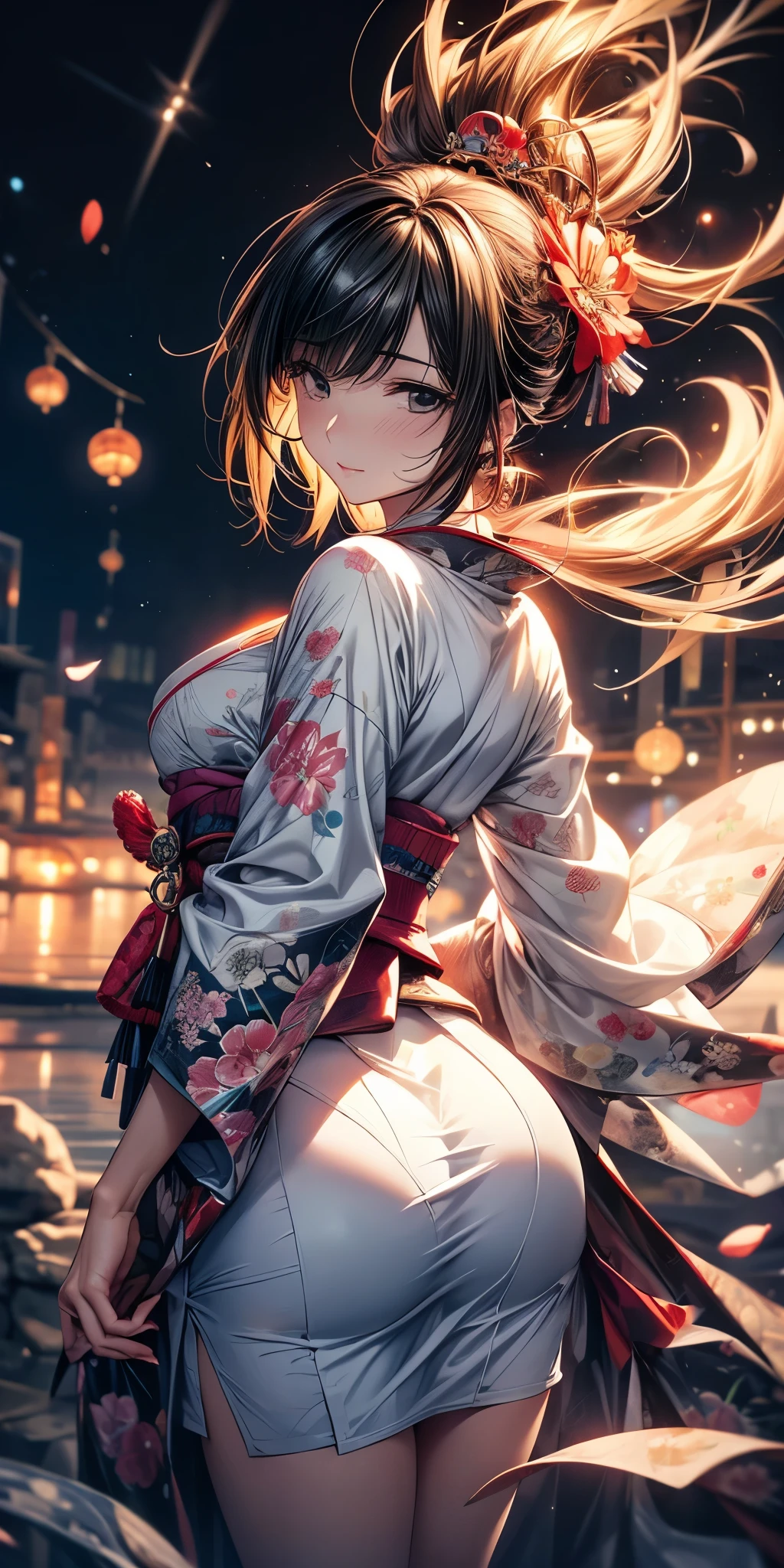 Ultra-delicate, Clear focus, (high resolution), Deformed depth of field blurred background, Detailed background, Perfect layer cutting, Atmospheric distance sense, artistic, (full-body shot/Cowboy shooting/Rear view/Top view/Top view), 8K, wallpaper, Micro light, Octane Render, complicated, familiar, black magician, particle, constellation, Stardust, universe, ((flower)), comfortable peace, peaceful, Japan, Himiko, kimono, With crystal, Fortune Telling, time and space,
