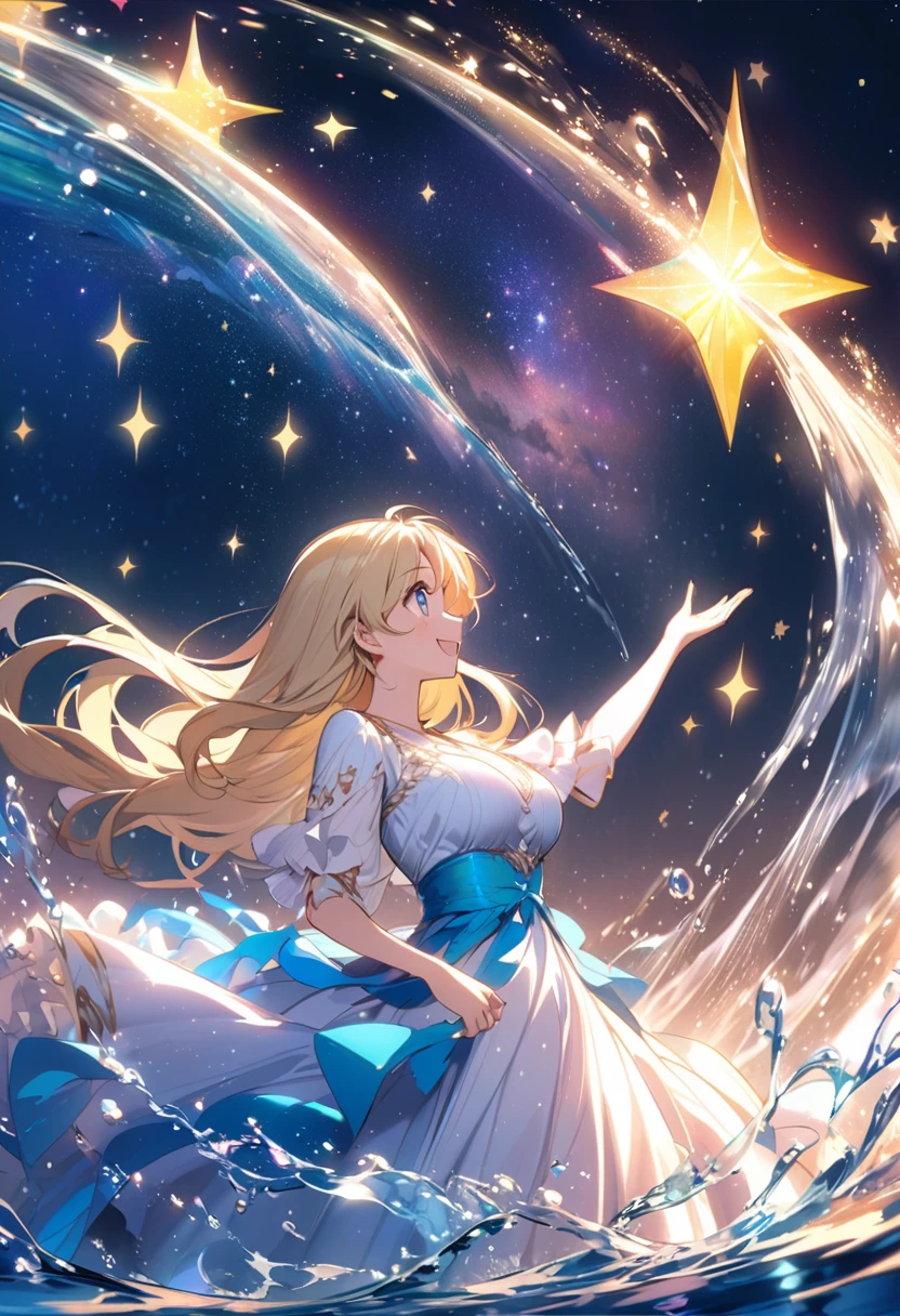 anime、Vibrant colors、beautiful girl、、Blonde、Long Hair、Large Breasts、Bright eyes、Sparkling eyes、A cheerful smile、Gazing into the distance、profile、dancing、Clear water flows like a waterfall、Fantastic World、night、Starry Sky、Beautiful dress