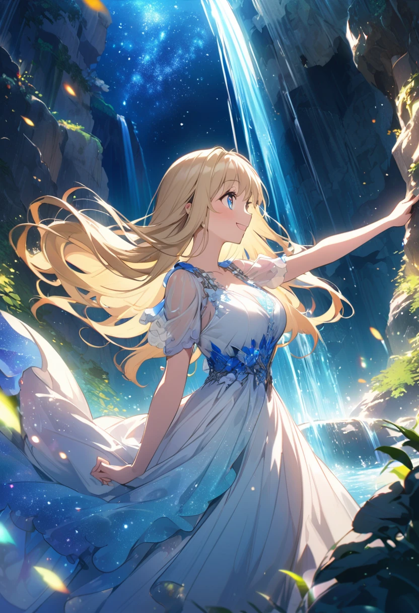 anime、Vibrant colors、beautiful girl、17 years old、Blonde、Long Hair、Large Breasts、Bright eyes、Sparkling eyes、A cheerful smile、Gazing into the distance、profile、dancing、Clear water flows like a waterfall、Fantastic World、night、Starry Sky、Beautiful dress