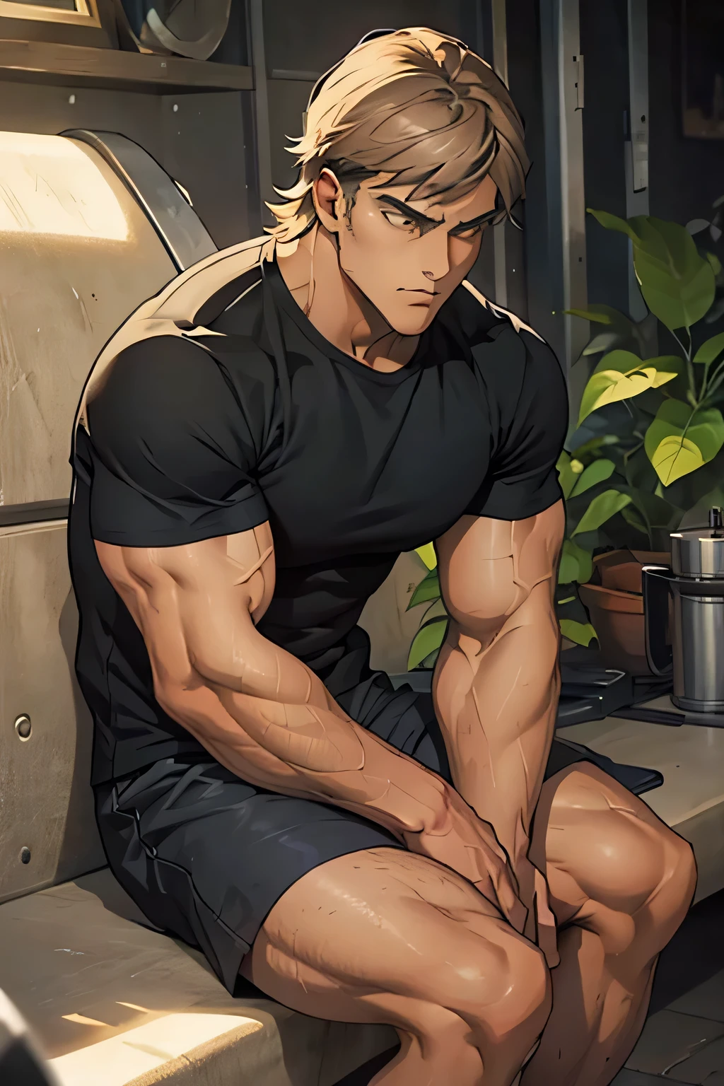Jean Kirschstein is sitting and flexing his biceps in black boxershorts. He is wearing a black tshirt with short sleeves. He has many huge veins on his arms.