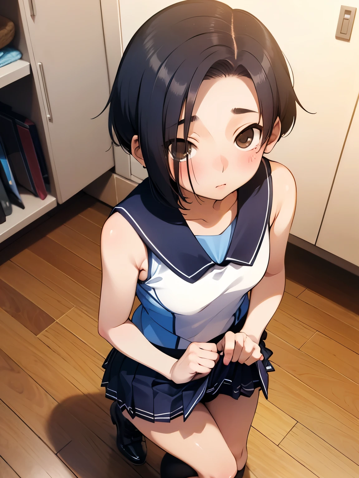 NSFW,Aarinko、short hair、Black Hair、Bobcut,Cropped sweater,Sleeveless,(Checkered micro mini skirt:1.3),Knee-high socks,High-quality lingerie,Embarrassed,blush,(Perfect hands),(Perfect Anatomy),(masterpiece),(highest quality),Looking up,Lonely look,Shopping mall,looking at the camera,Skirt Lift