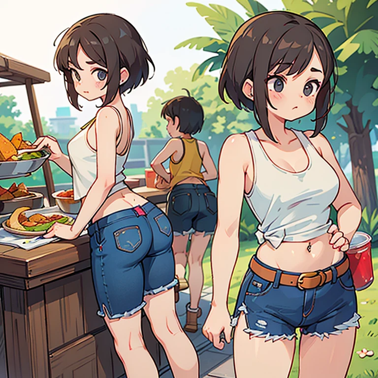 A woman in a tank top and full-zip shorts making salsa sauce at a taco stand　Jeans have belts　Belly button piercing　　There are side slits　Big butt　Detail the buttocks　Detailing the groin area　