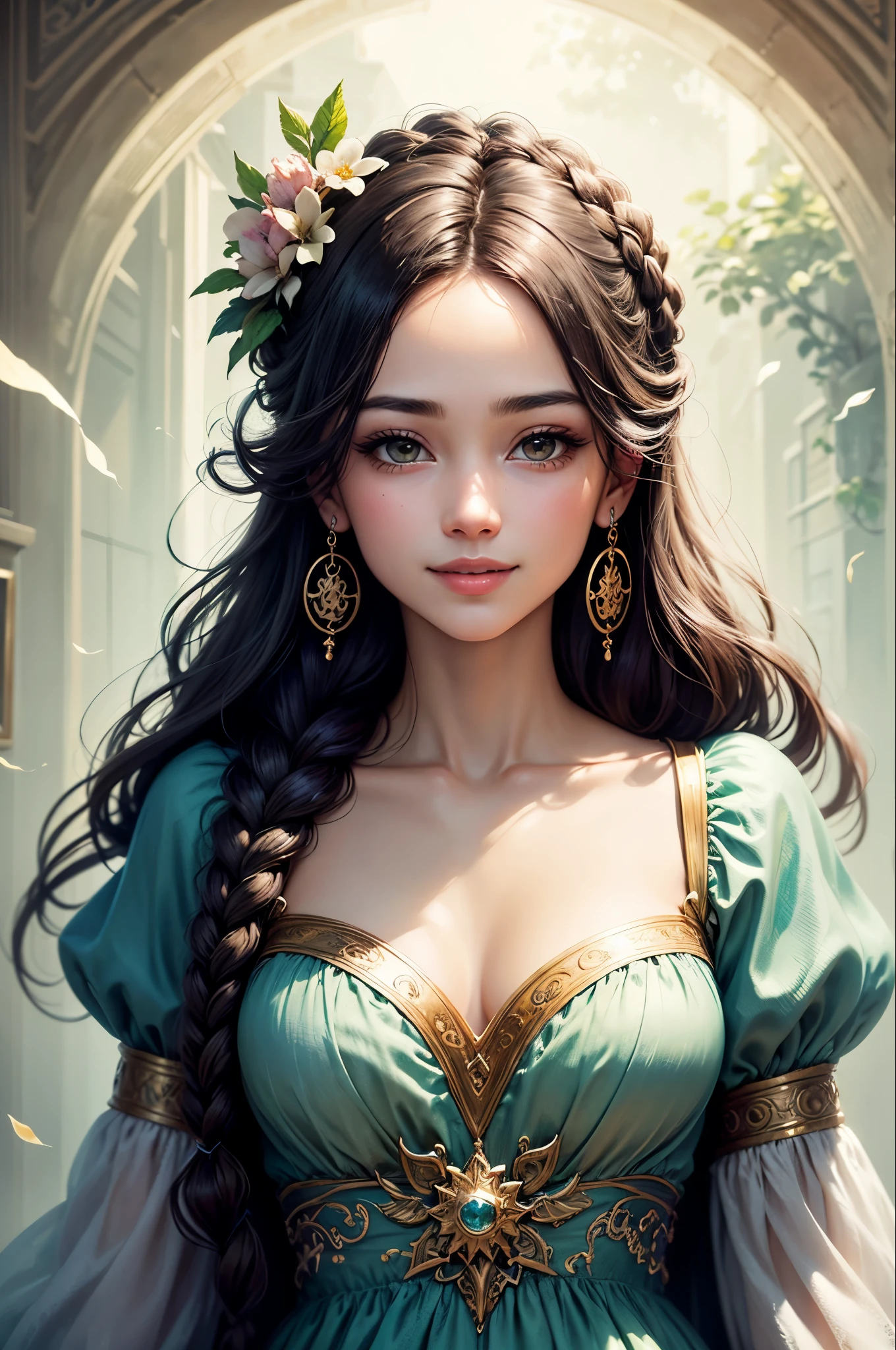 (最High resolution、High resolution、最high quality、Super detailed、Beautiful and beautiful:1.2)、Good anatomy、From above、noon、Earth、Soft Light、Painting of a girl with beige braided hair、Beautiful smile、Sparkling Eyes、Shiny Princess Dress、pure、Charm、mysterious、Earthの木、Earthの草、high quality、Beautiful graphics、Super detailed