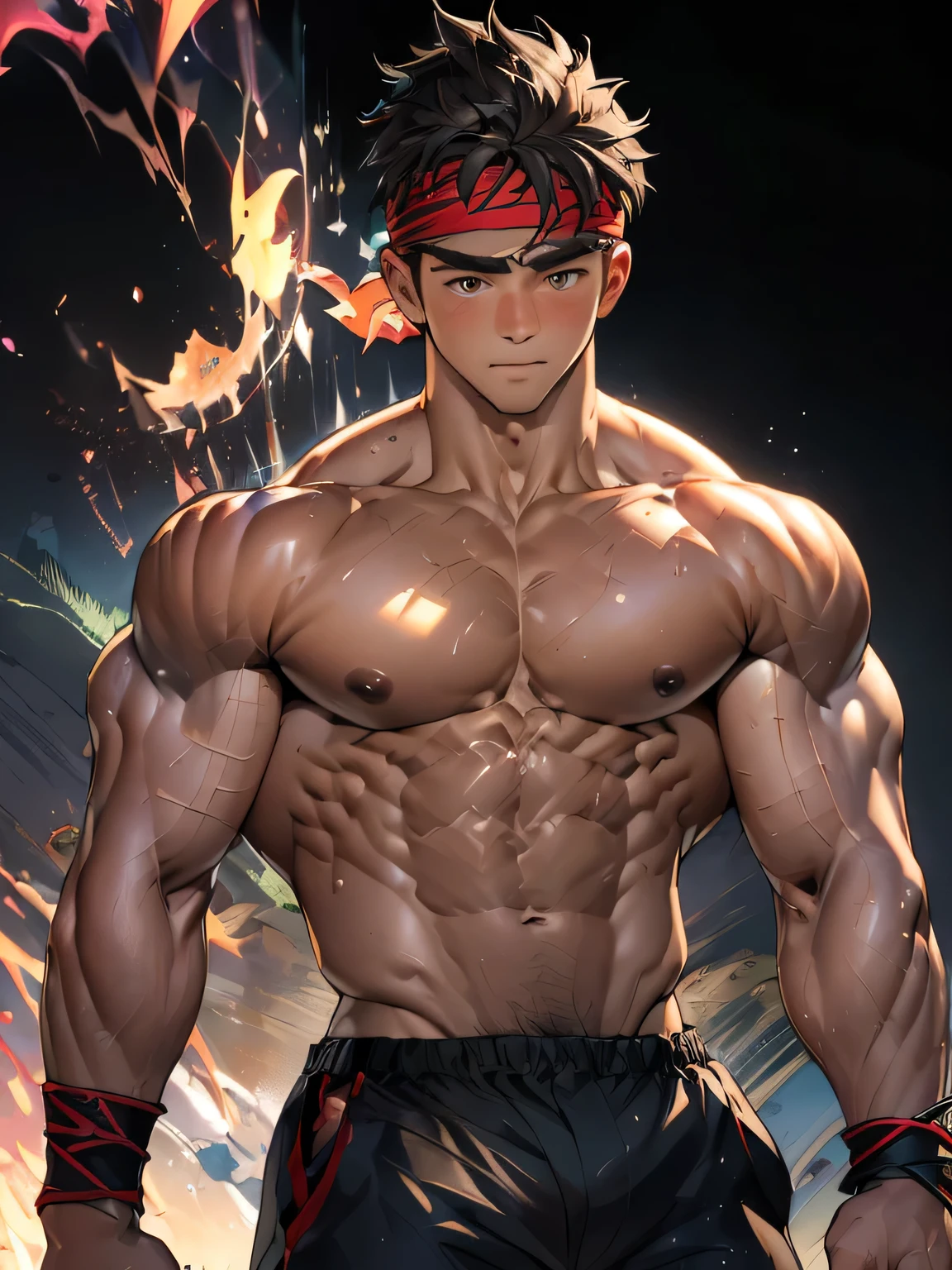 (Masterpiece, Best quality 19 year old boy, black background, bust shot, shoot from front, looking away), solo, Young, boy, muscler, Shirtless, topless, (Dark Short straight hair, under cut, brown eyes), (torn clothes, red headband, ((black wristband))), Vivid colors, (hot Abs:1.5, abs!, big abs, big breast:1.5, chest!, muscler upper arms), (topless male), muscler!, muscler, muscler body, (aura power:1.5), detailed face, detailed muscle, (((A magical mystical aura, rippling muscles, fighting pose)))