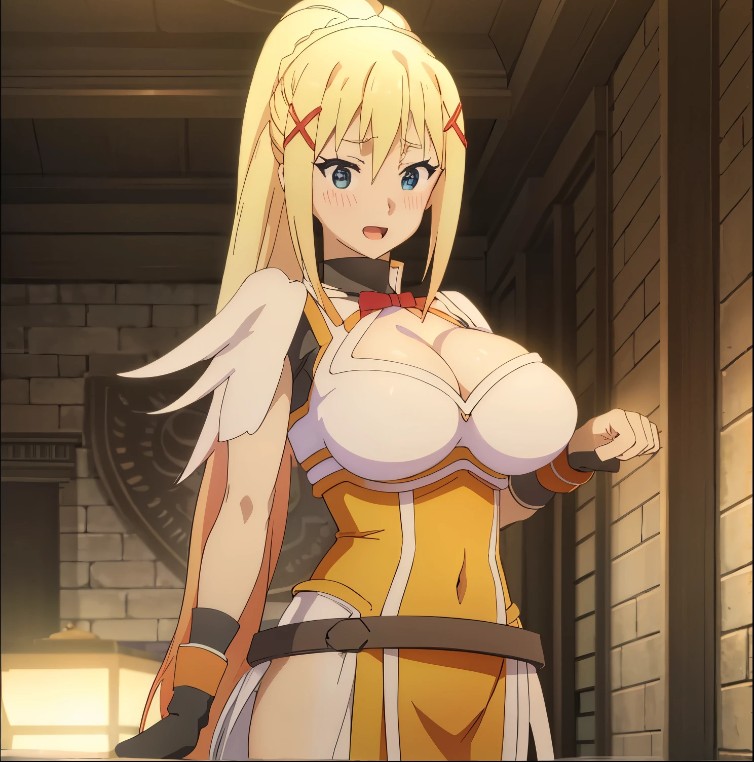 1 girl, alone, darkness, blonde hair, x hair ornament, :D, ponytail, blue eyes, huge breasts, medium waist, wide hips, big thighs, round ass, cleavage, blush, beautiful lighting, very detailed ,looking at the viewer, from behind, pov (from below), absurd, masterpiece, ultra details, best quality, HD, big hips, excited, sexy, sexy poses, perfect hands, perfect anatomy