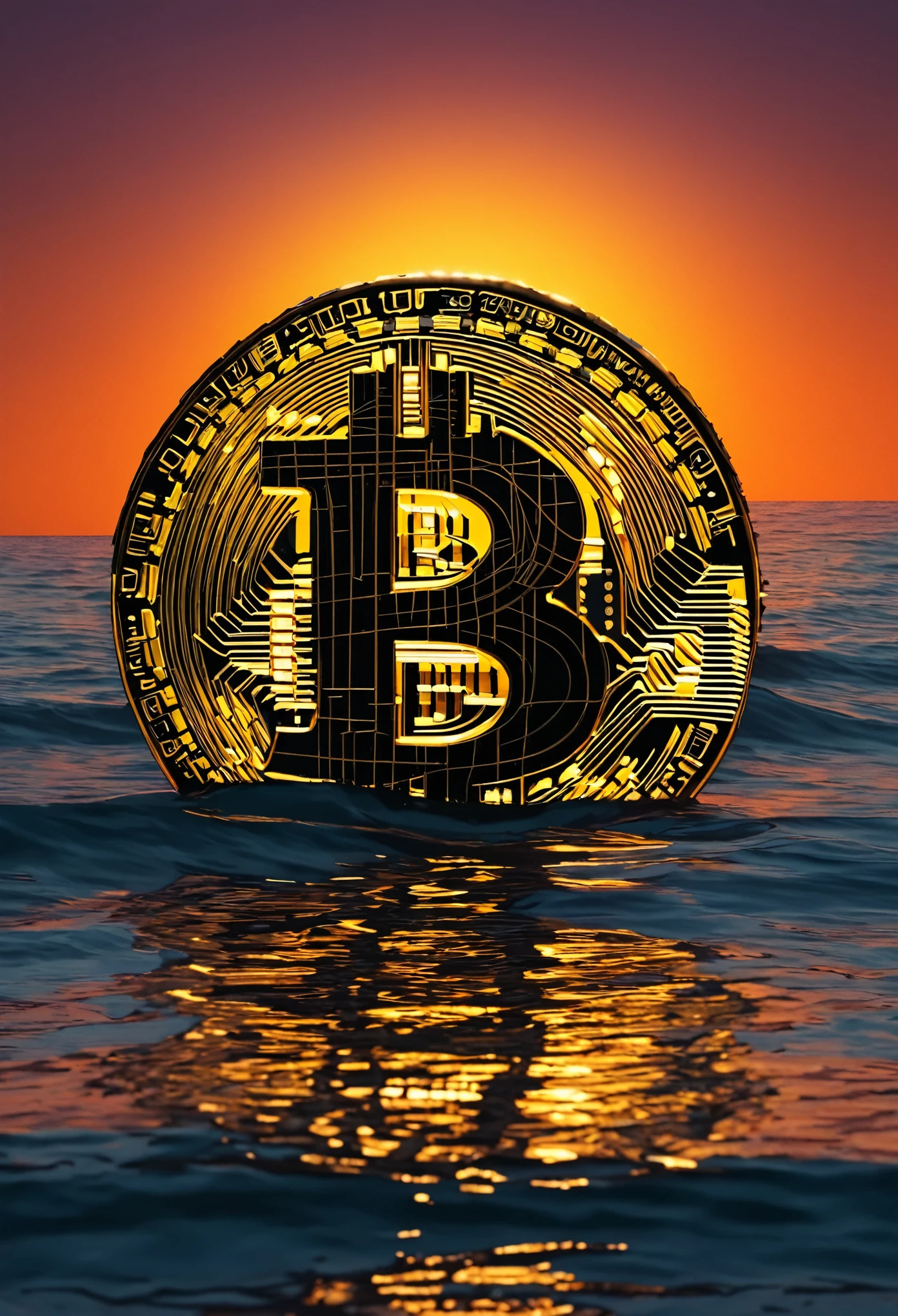 CREATE an image of the bitcoin symbol in 4K and make a sunset over the sea in the background.