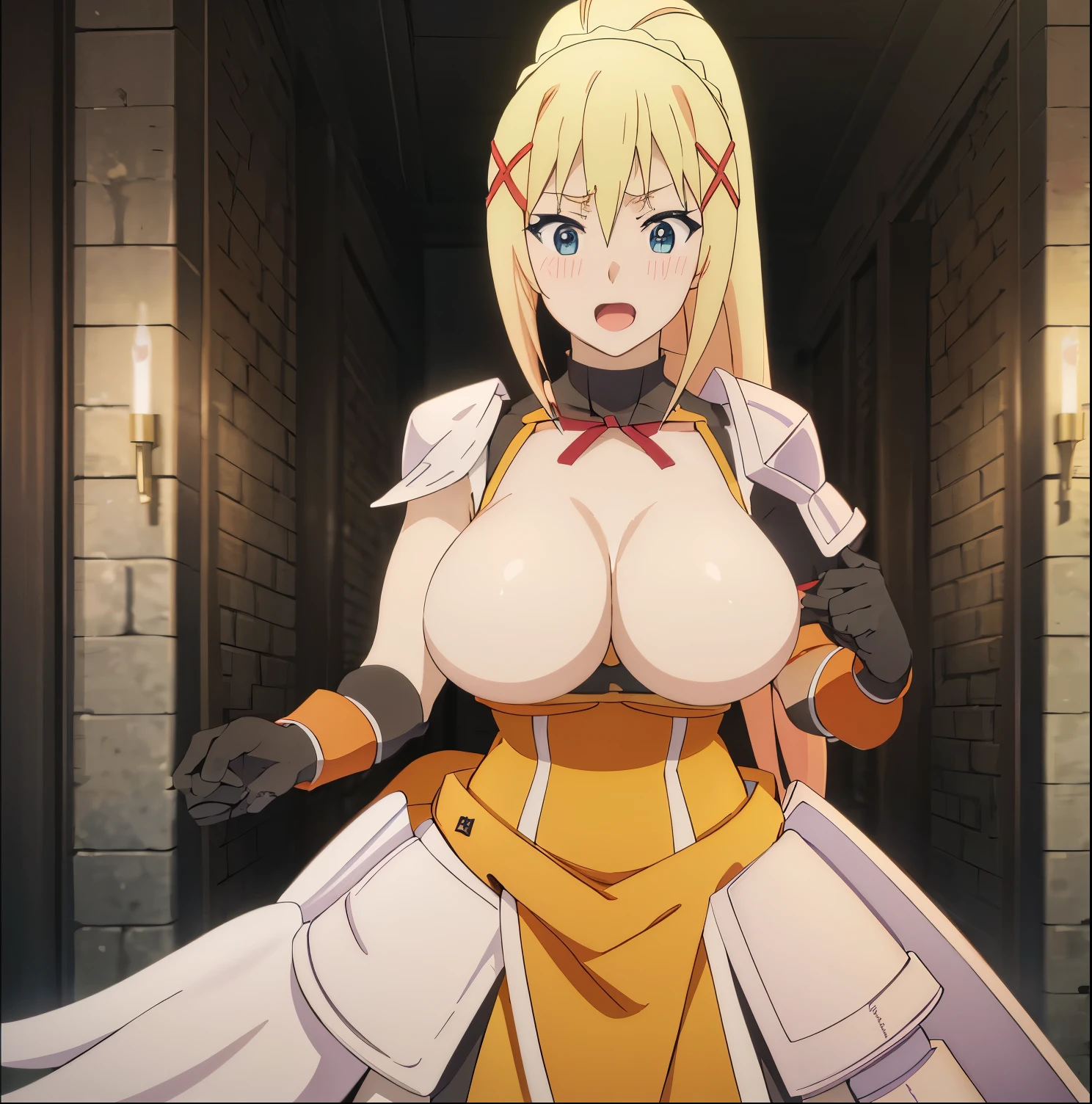 1 girl, alone, darkness, blonde hair, x hair ornament, :D, ponytail, blue eyes, huge breasts, medium waist, wide hips, big thighs, round ass, cleavage, blush, beautiful lighting, very detailed ,looking at the viewer, from behind, pov (from below), absurd, masterpiece, ultra details, best quality, HD, big hips, excited, sexy, sexy poses, perfect hands, perfect anatomy