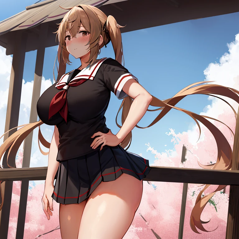 masterpiece, best quality, highres, aamurasa, long hair, twintails, enormous breasts, gigantic breasts, thick legs, white sailor collar, red neckerchief, sailor shirt, black shirt, short sleeves, black skirt, pleated skirt, cowboy shot, standing blush smile, outdoors, straight-on, simple summer background, 