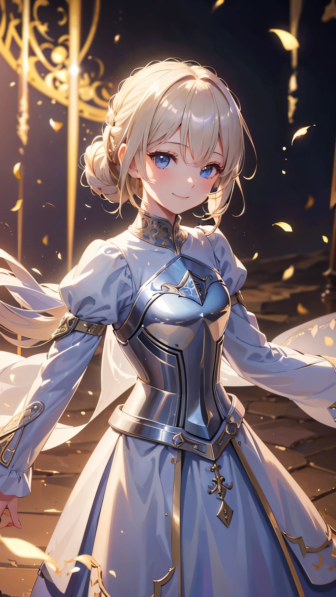 Medieval English town, 1People Girls, Princess Knight, (Silver armor), Asahi, Rose petals flutter(, (Smiling at the camera), blonde hair, hair behind ear, Art Deco, depth of field, drop shadow, f/1.2, 35mm, UHD, best quality, highres, 4K, high details,Long sword